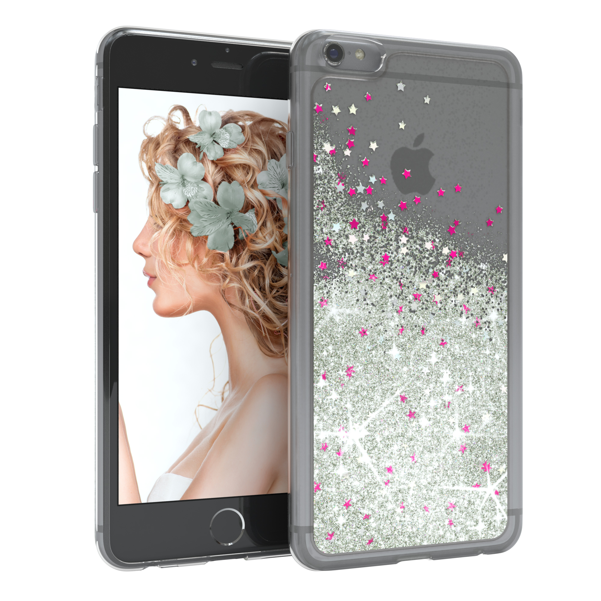 Telefon in klarer Hülle mit silbernem Glitzer und Sternen. Eine Frau mit Blumen auf dem Bildschirm.