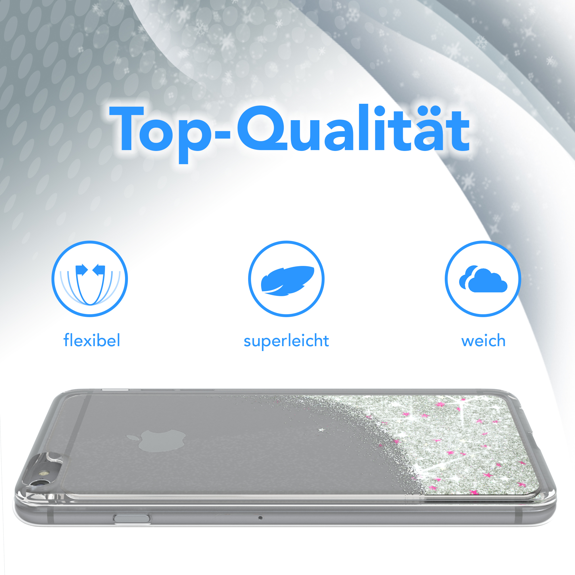 Handyhülle mit Glitzerdesign. Top-Qualität Text und drei Icons: flexibel, superleicht und weich.