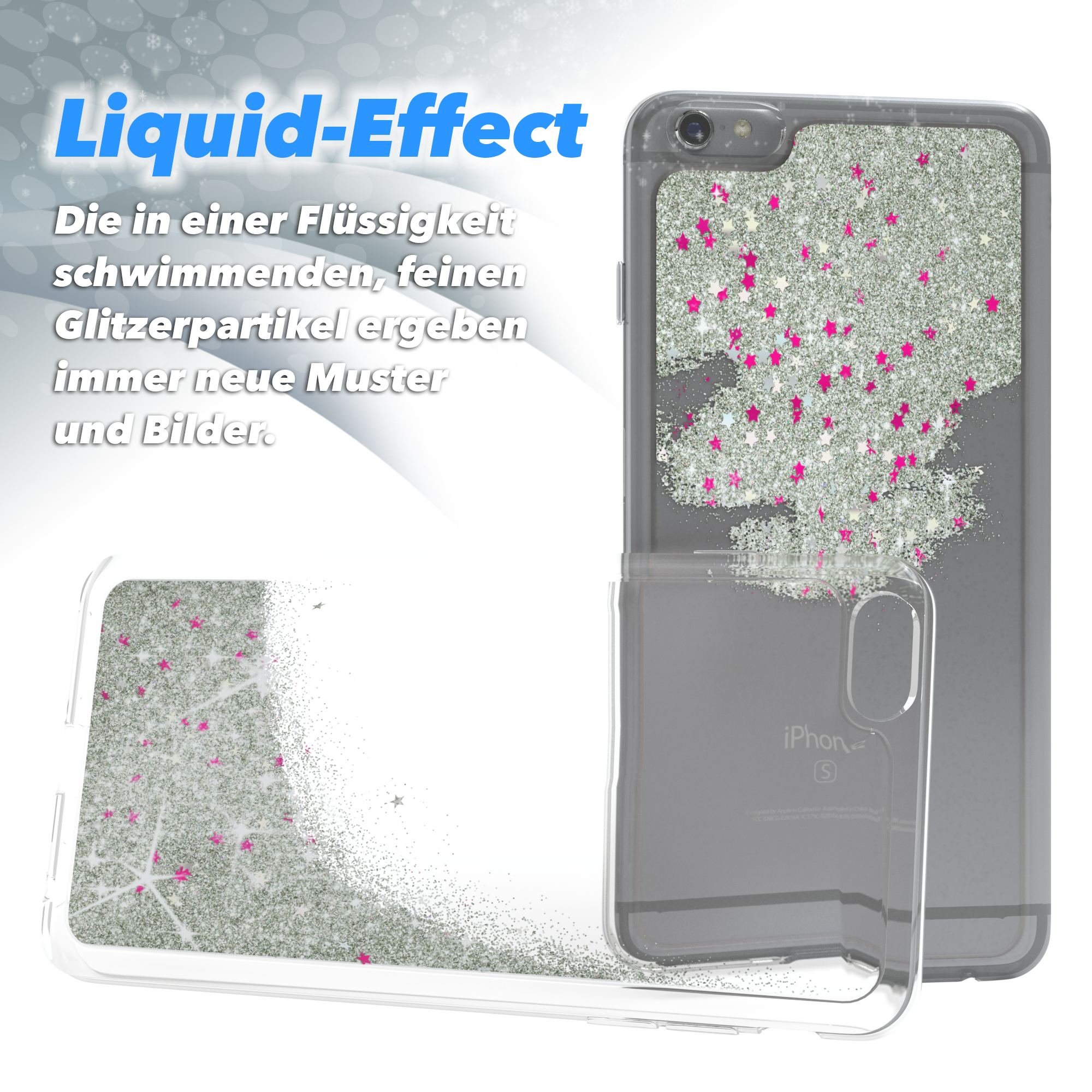 Transparente Handyhülle mit Glitzer und rosa Sternen. Flüssigkeitseffekt-Design. Die Hülle liegt auf weißem Untergrund.