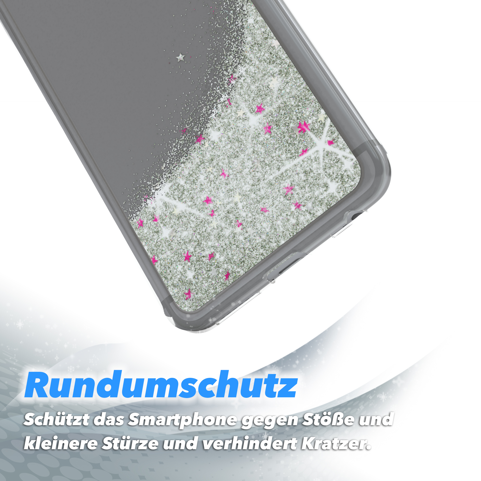 Handyhülle mit Glitzer. Text: Rundumschutz. Schützt vor Stößen und Kratzern.