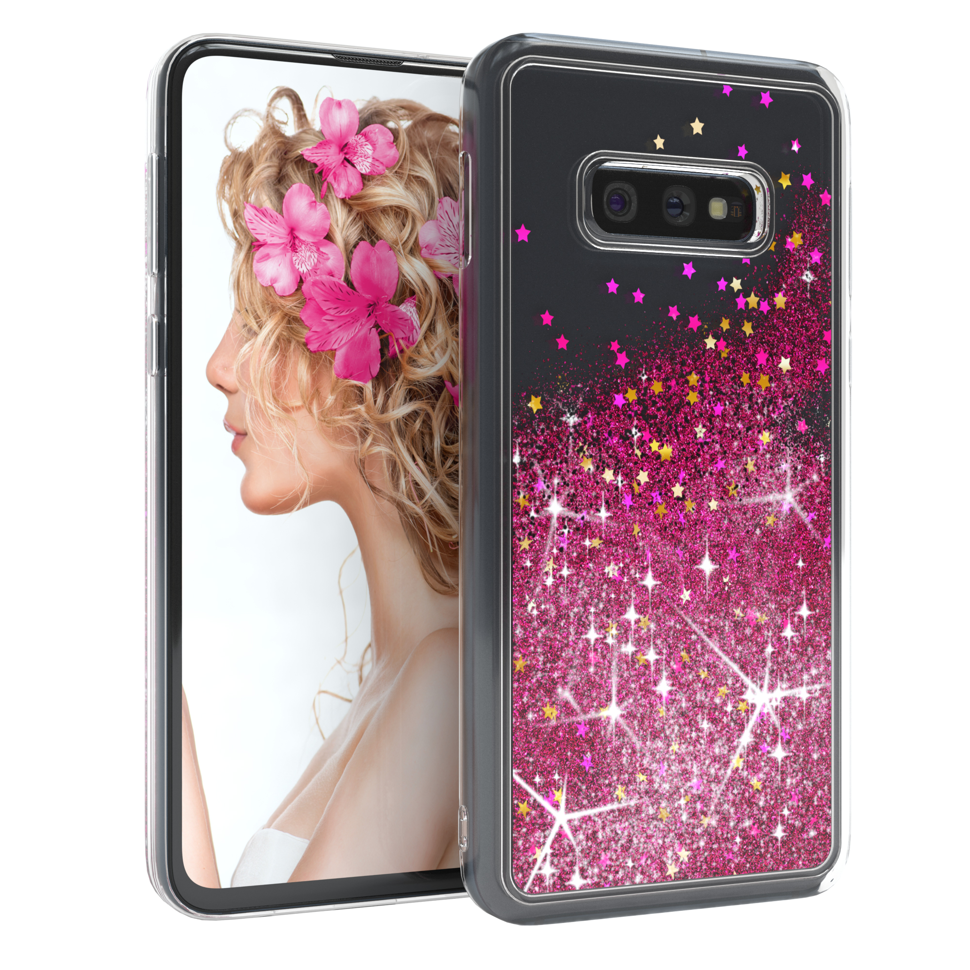 Handyhülle mit Frauengesicht und rosa Glitzersternen. Handyhülle mit glitzerndem Muster.