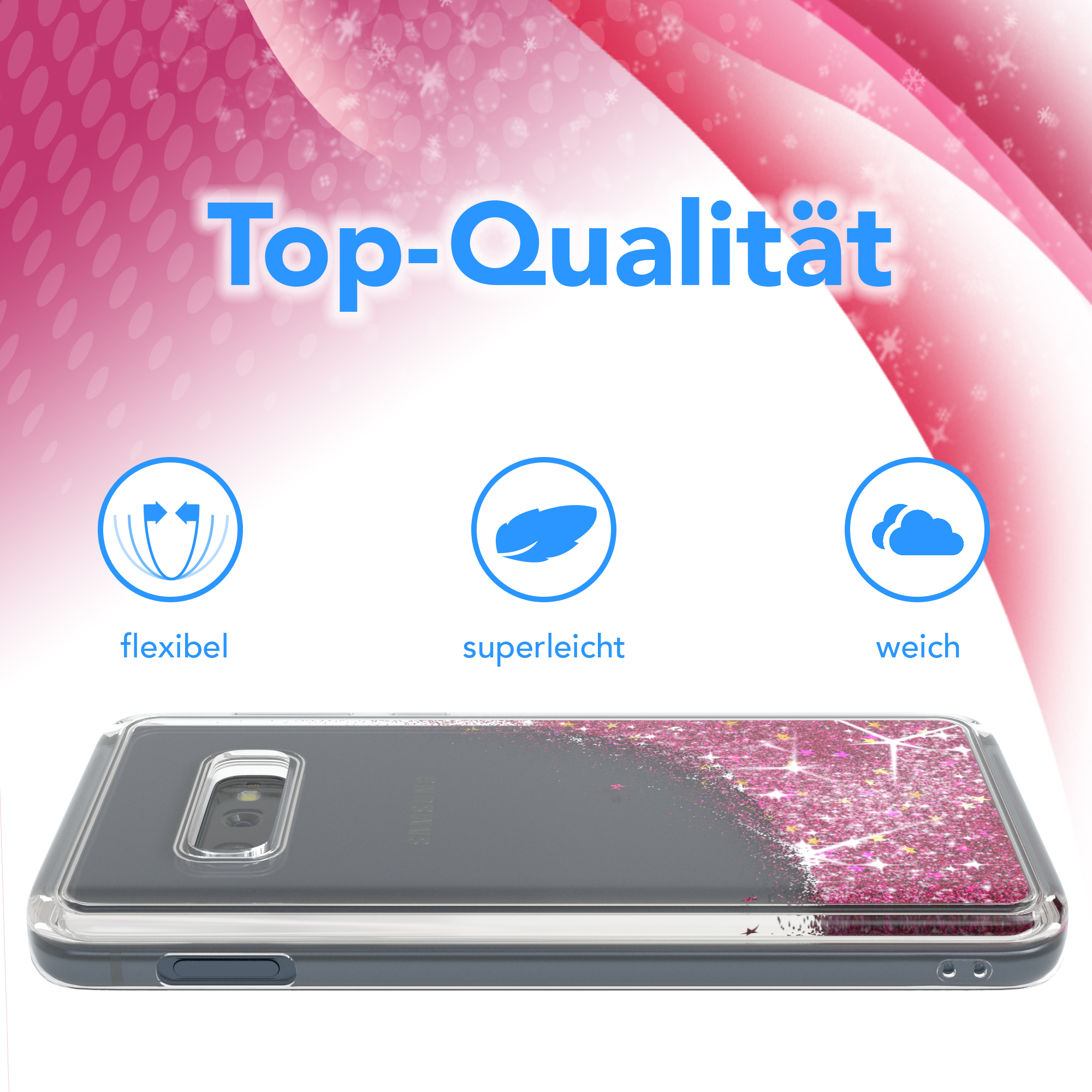 Eine Handyhülle mit rosa Glitzer. Der Text 'Top-Qualität' und Symbole für flexibel, superleicht und weich.