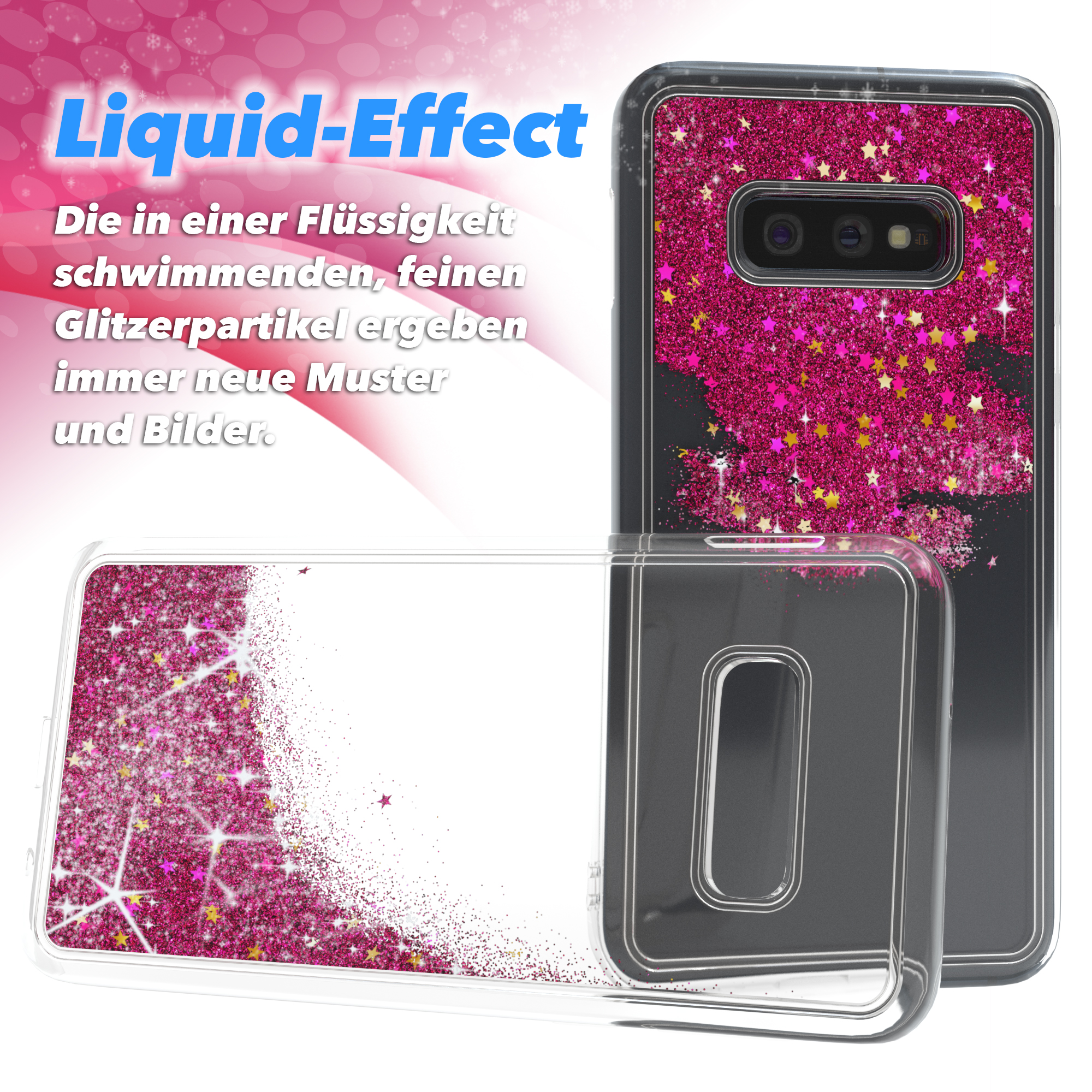 Handyhülle mit rosa Glitzer und Sternen. Das Handy ist in der Hülle. Die Hülle befindet sich auf weißem Hintergrund.