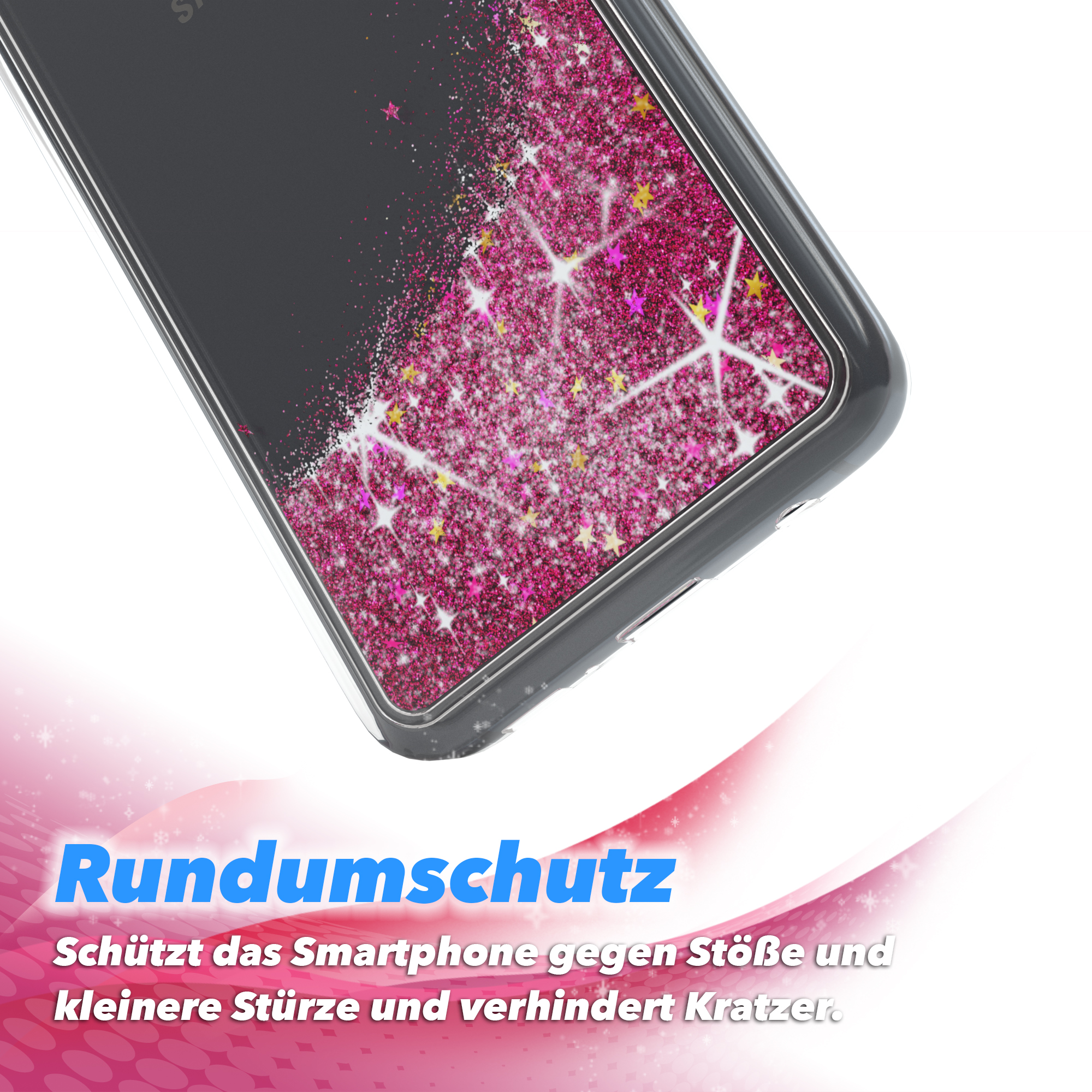 Nahaufnahme einer Handyhülle mit rosa Glitzer. Text: Rundumschutz, schützt vor Stößen und Kratzern.