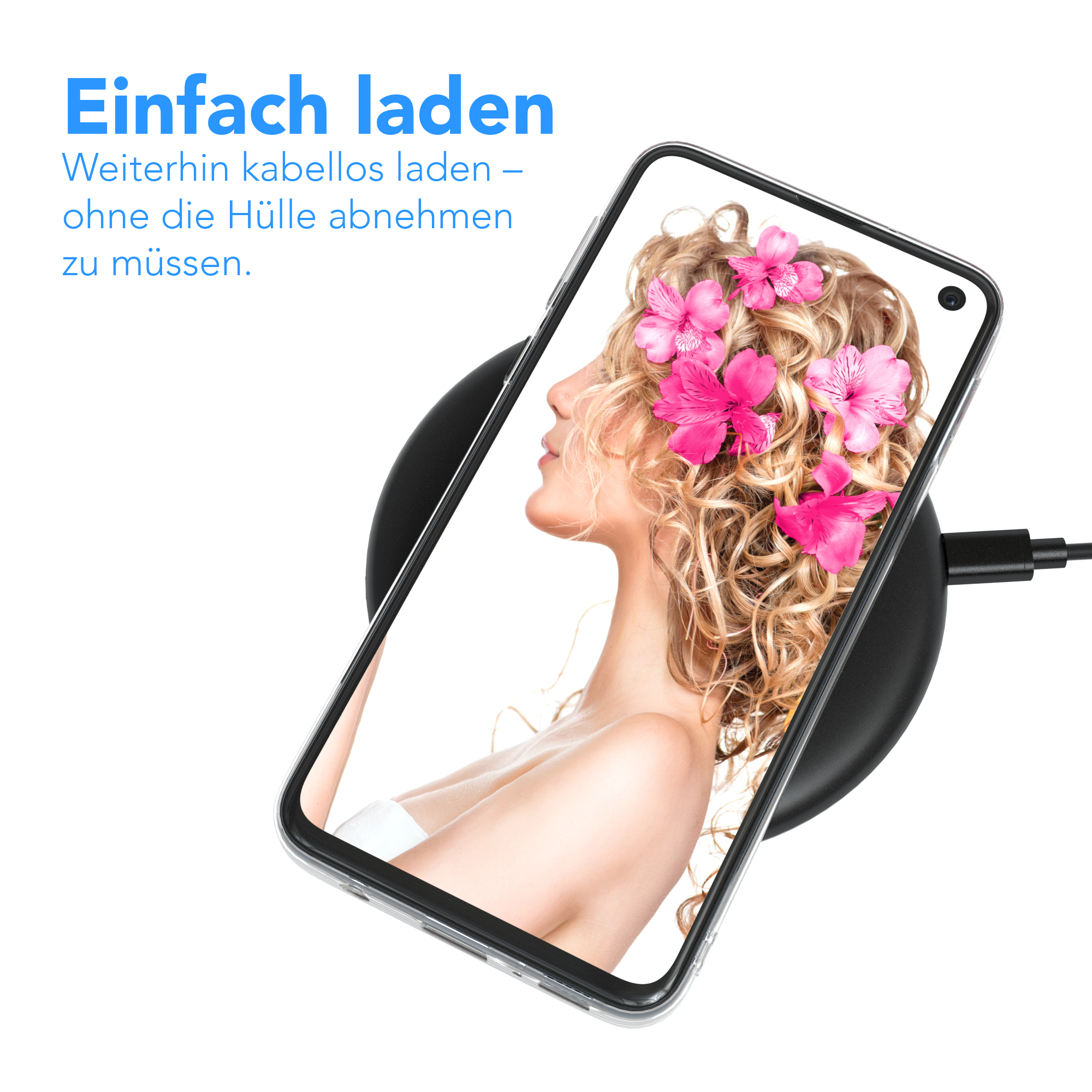 Telefon auf einem kabellosen Ladegerät mit einem Frauenbild auf dem Bildschirm. Text: Einfach laden (Einfaches Laden).