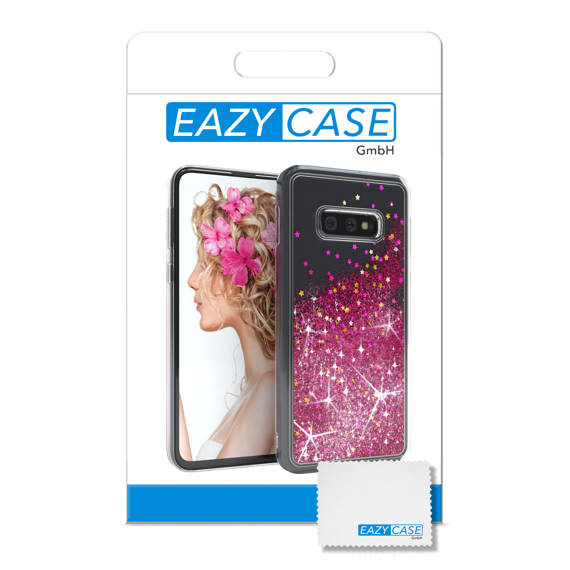 Handyhülle in Verpackung. Gesicht einer Frau mit rosa Blumen ist in der Hülle sichtbar.