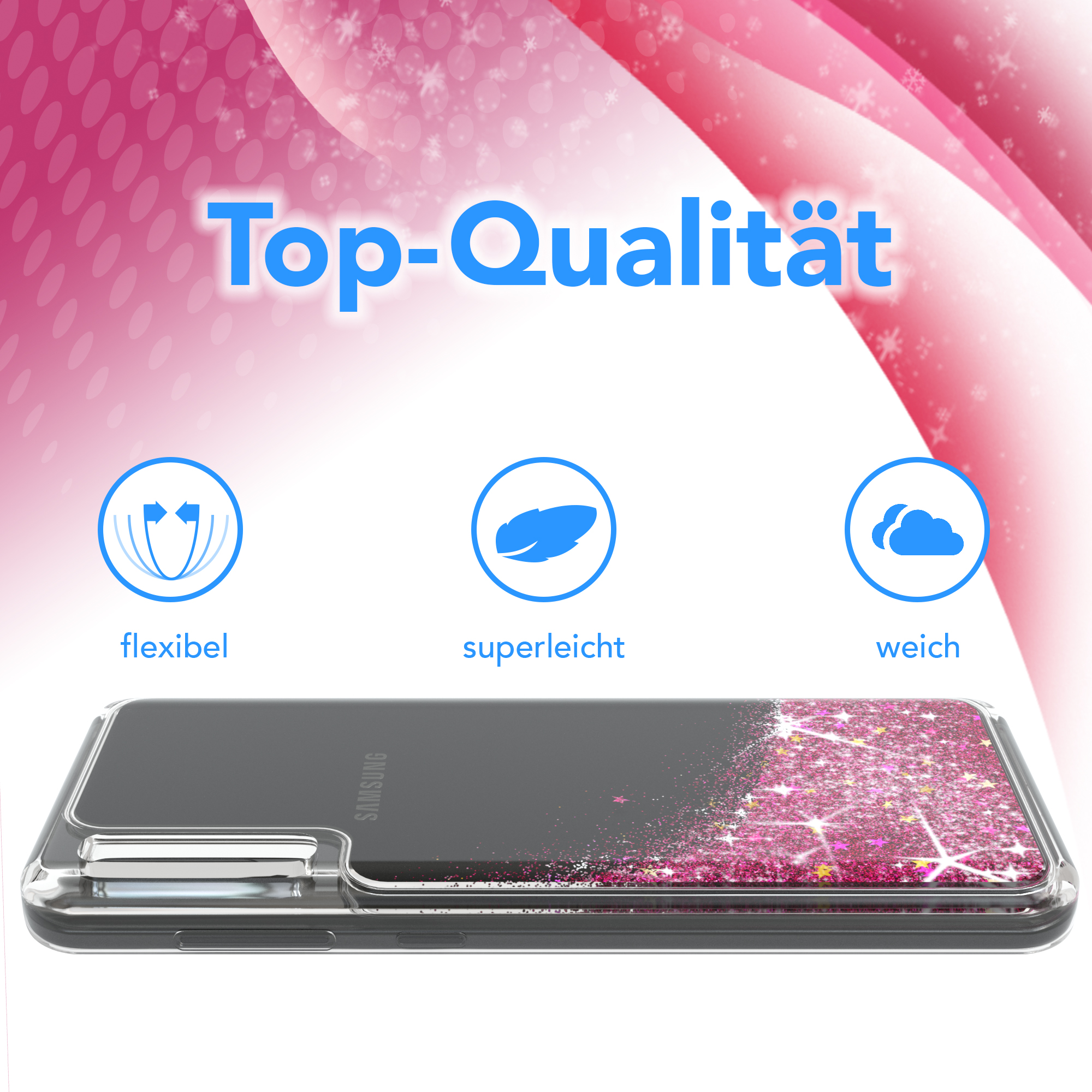 Transparente Handyhülle mit rosa Glitzer und Sternen. Das Telefon liegt auf schwarzem Untergrund.