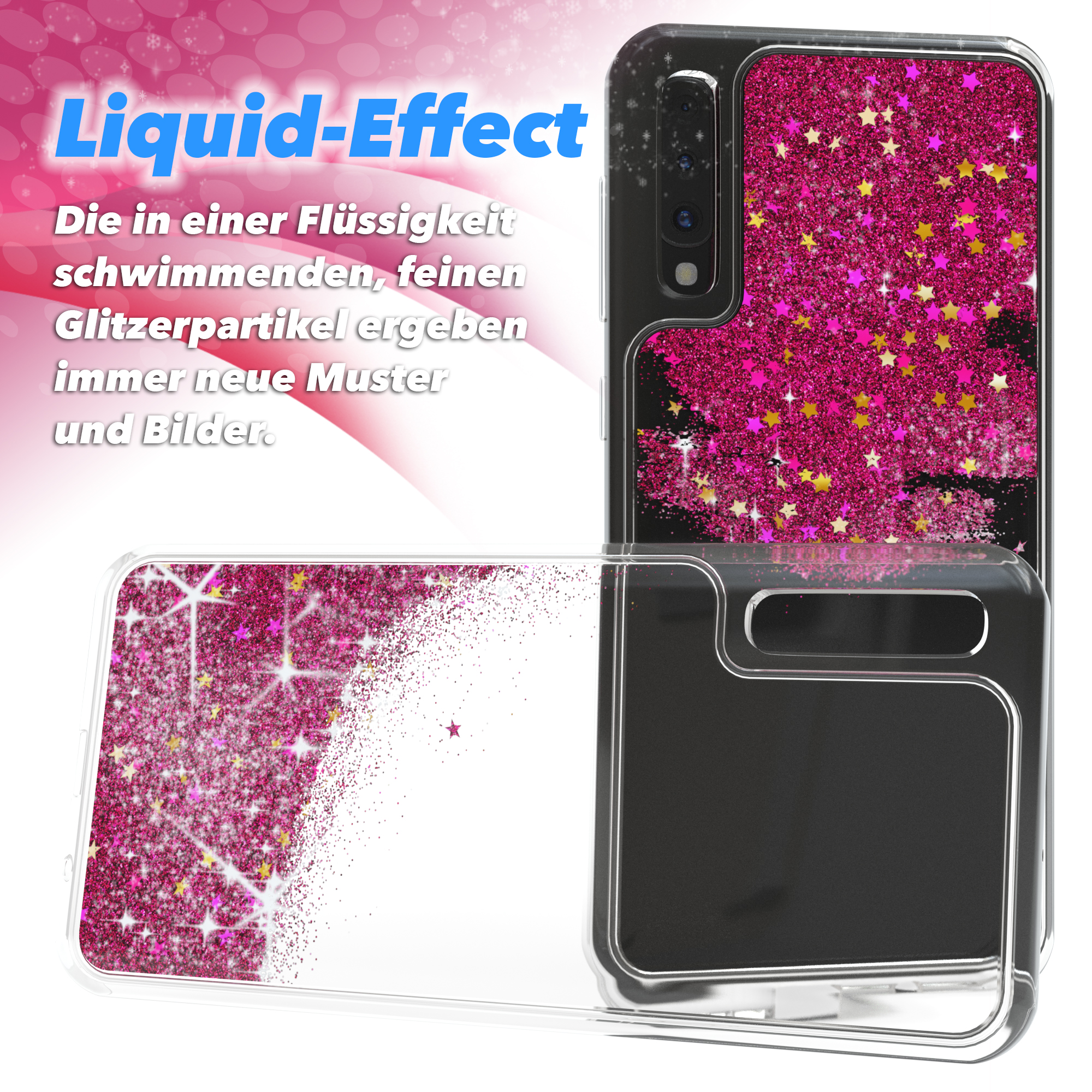 Transparente Handyhülle mit pinkfarbenem Glitzer und Sternen. Eine zweite Hülle ist offen.