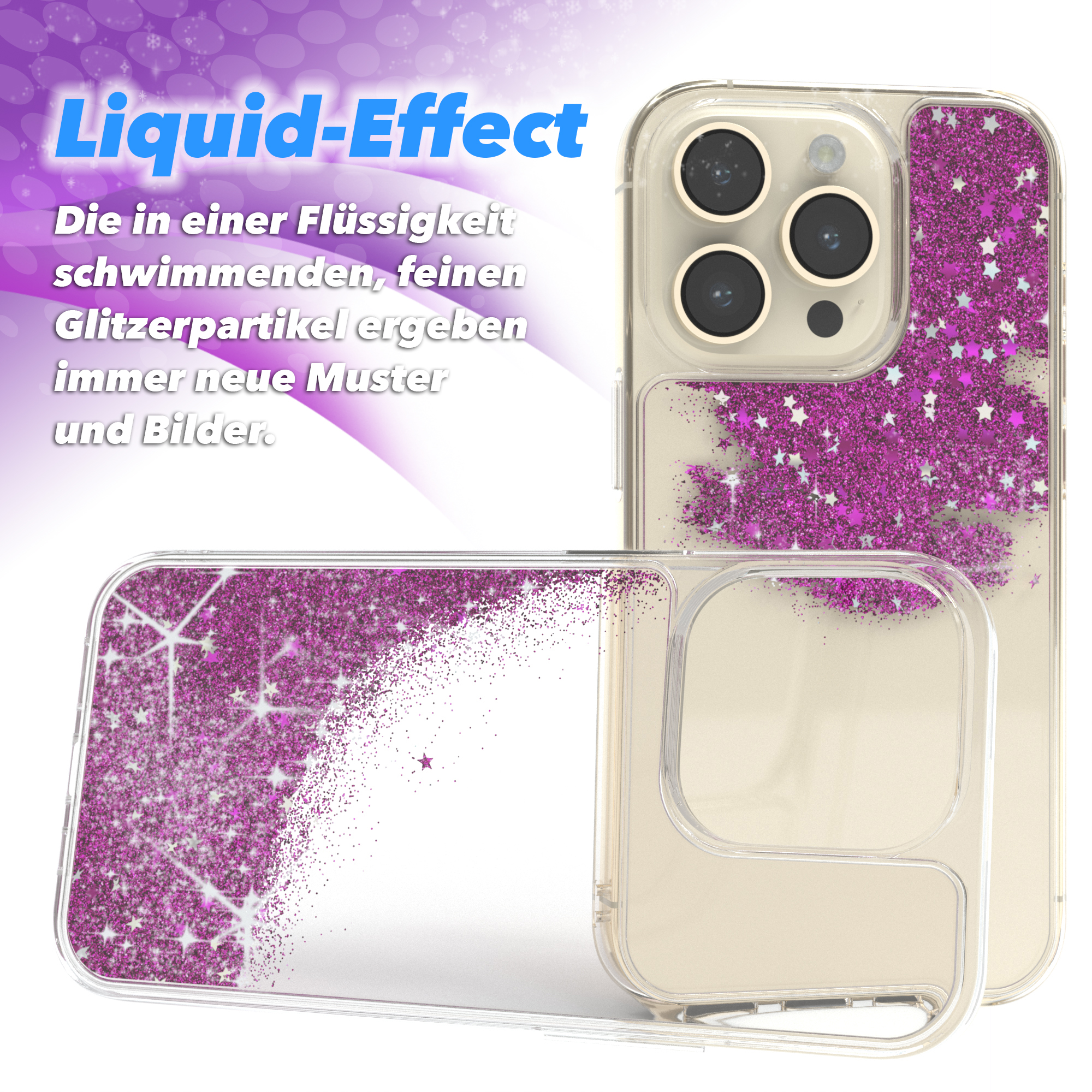 Eine Handyhülle mit rosa Glitzersternen auf weißem und transparentem Hintergrund.
