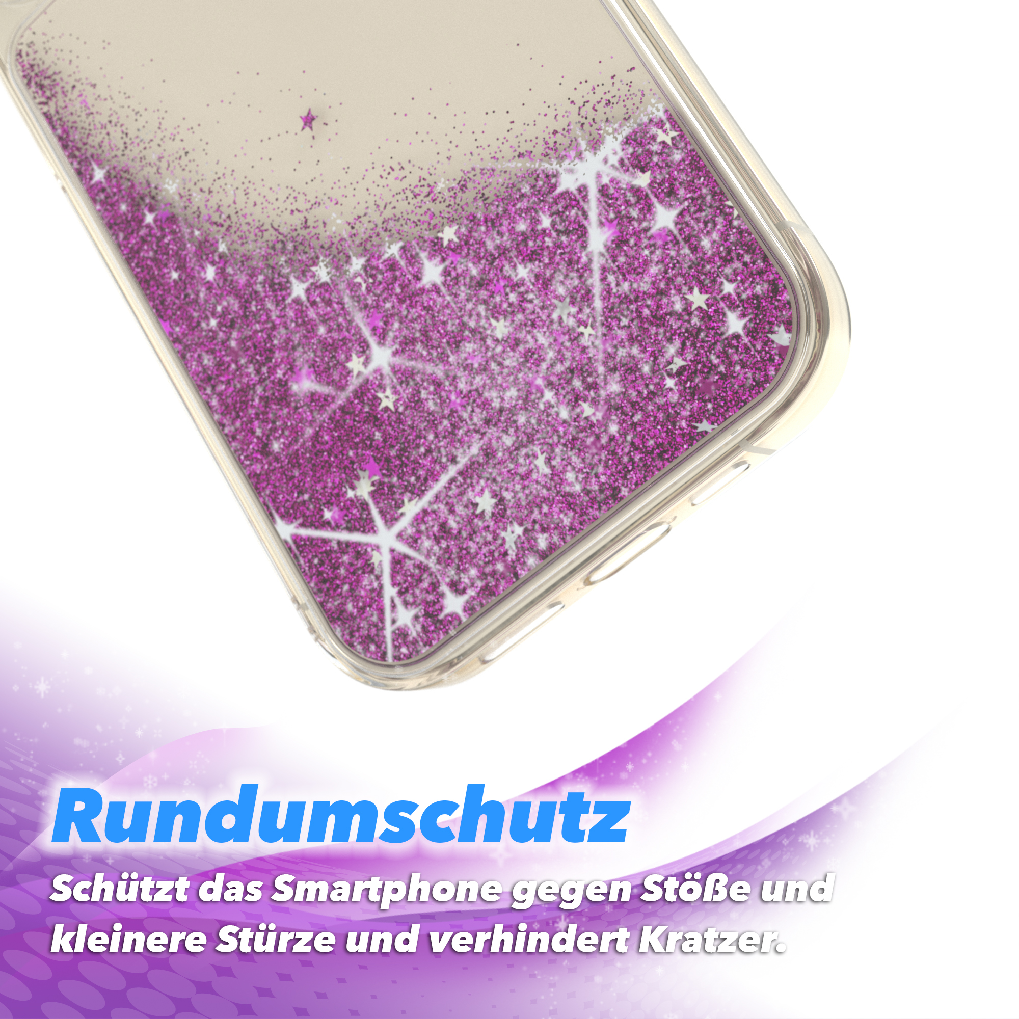 Handyhülle mit pinkfarbenem Glitzer und Sternen, Nahaufnahme. Weißer Hintergrund mit lila Farbverlauf.