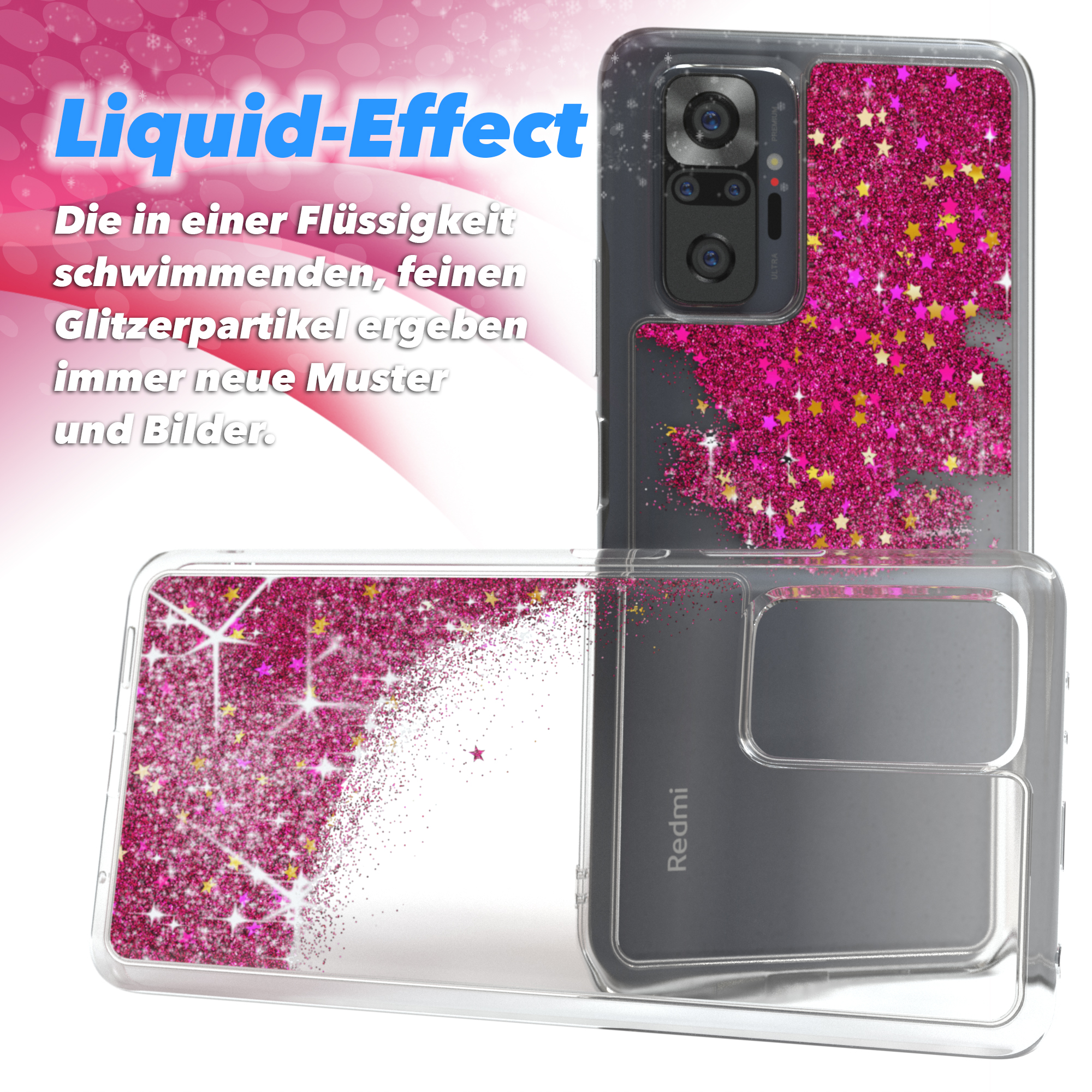 Rosa Glitzer-Handyhülle. Liquid-Effect-Text. Handyhülle ist transparent, mit rosa Glitzer und Sternen.