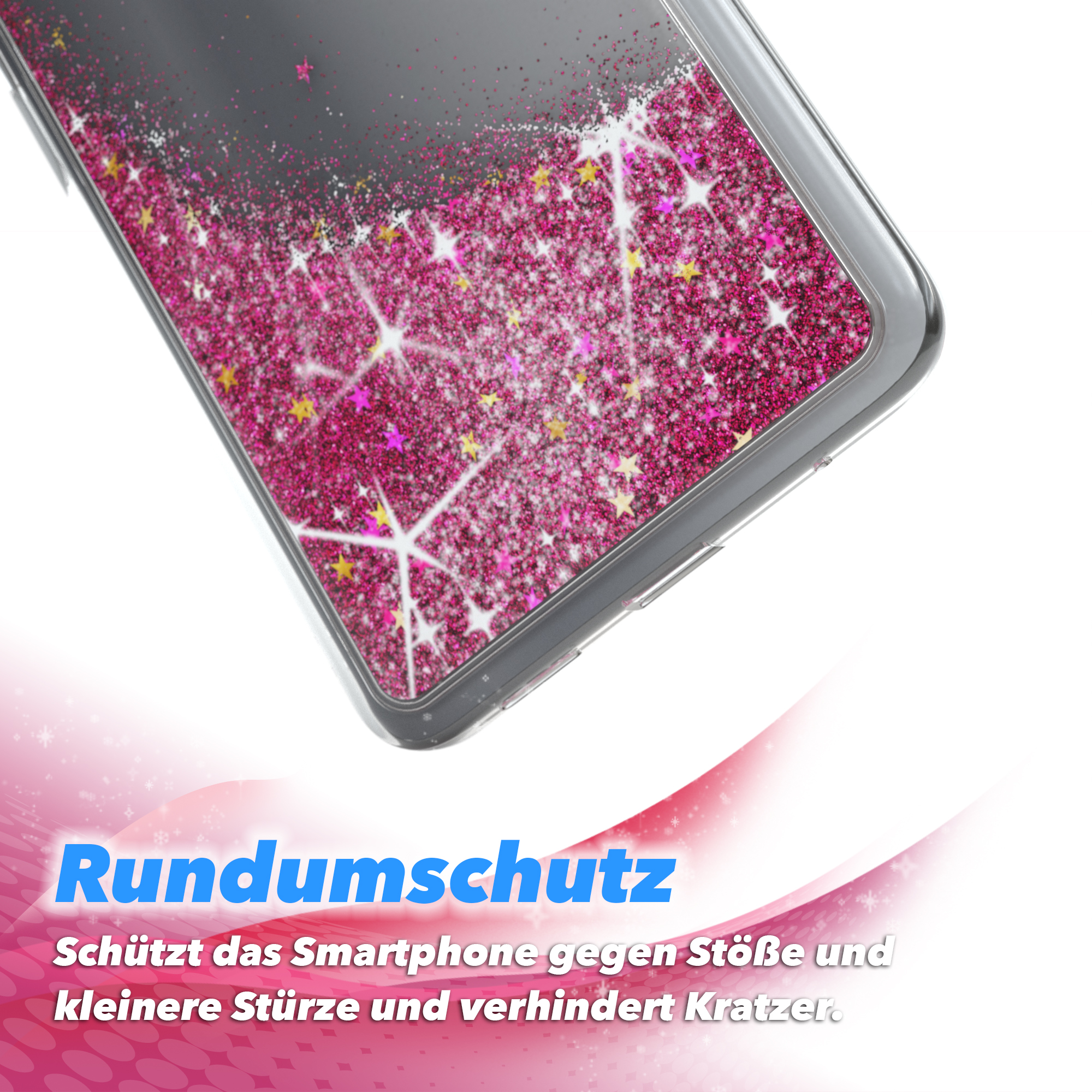 Eine Handyhülle mit rosa Glitzersternen auf weiß-lila Hintergrund.