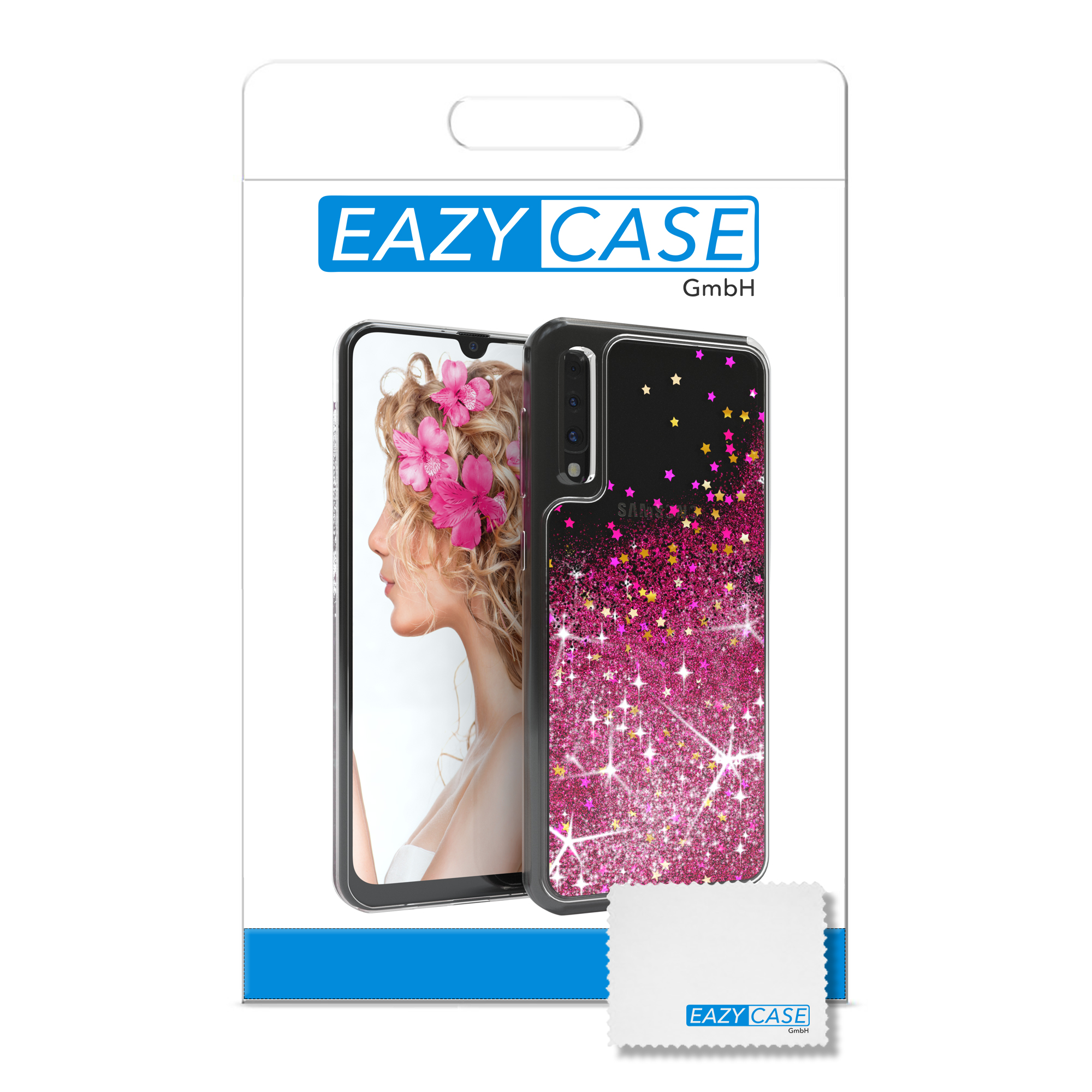 Handyhülle in Verpackung. Hülle hat rosa und goldene Glitzersterne. Telefon wird darin gezeigt.