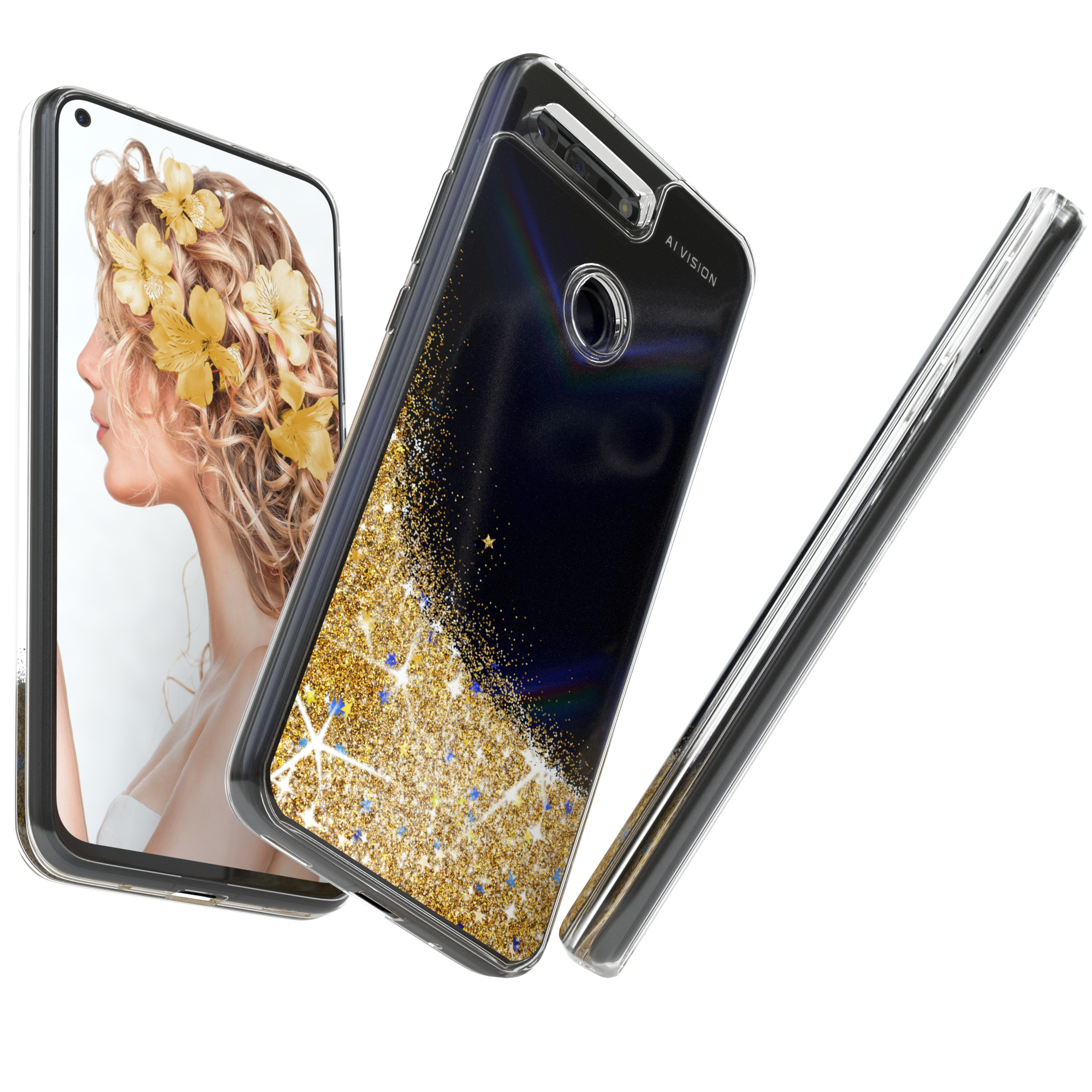 EAZY CASE Huawei, Honor Gold VIEW20, Flüssig, Backcover, Glitzerhülle