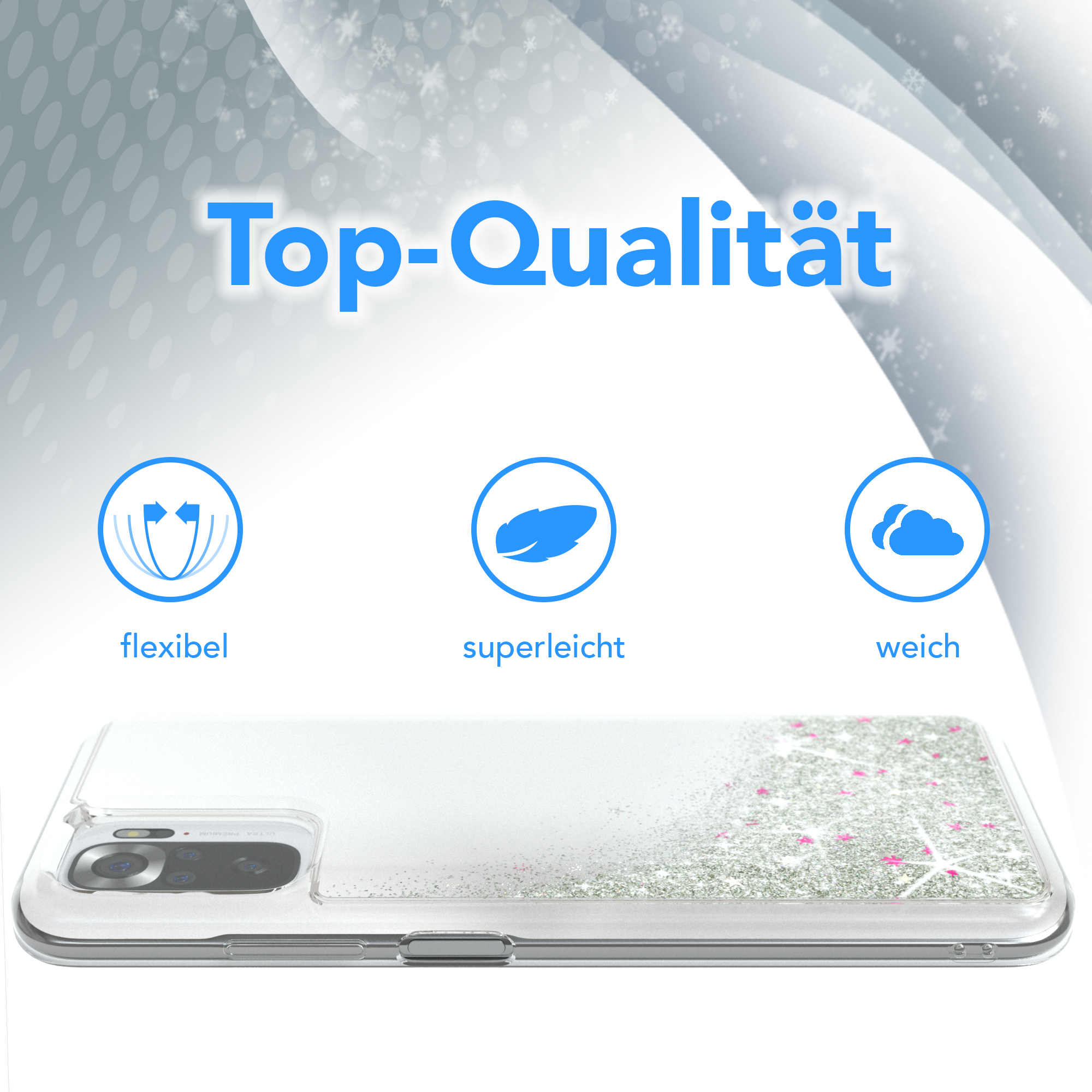 Handyhülle. Text: Top-Qualität, flexibel, superleicht, weich. Telefon mit Glitzereffekt.