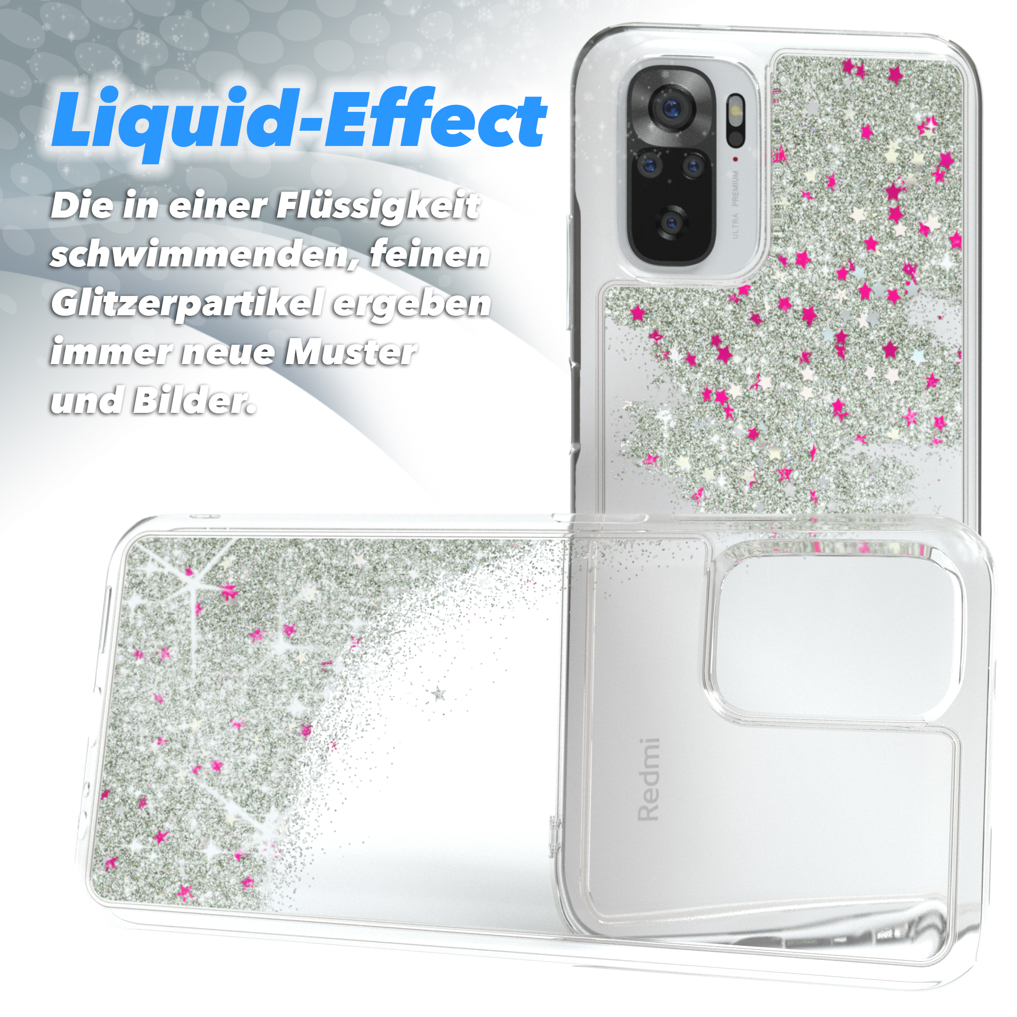 Handyhülle mit Glitzerpartikeln, klarer Hülle und dem Wort Liquid-Effect.