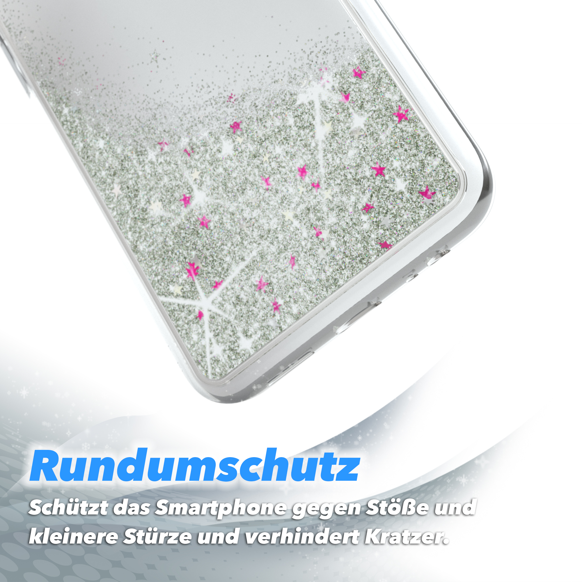 Transparente Handyhülle mit Glitzer und rosa Sternendetails. Text: Rundumschutz, Schutz das Smartphone gegen Stöße.