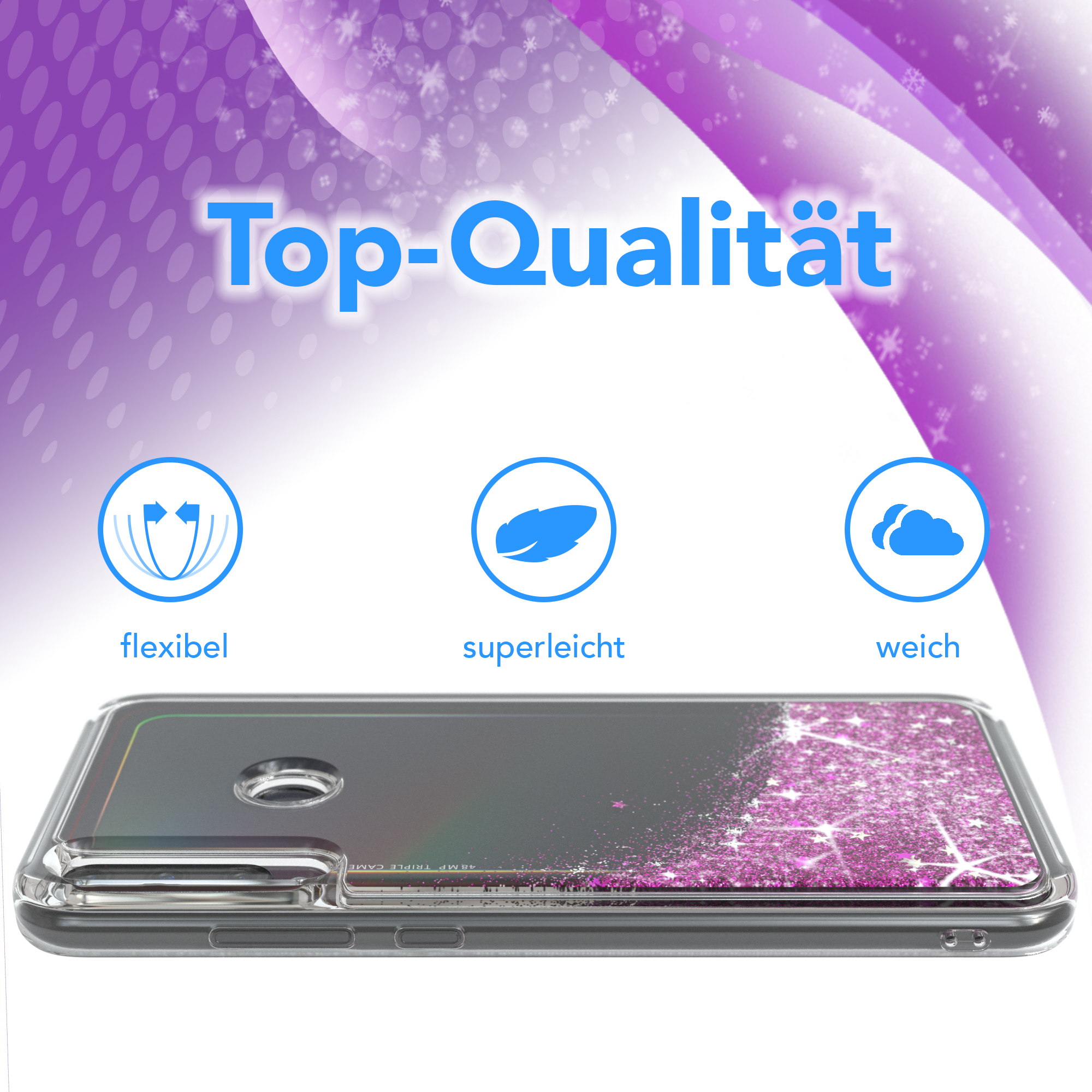 Eine transparente Handyhülle mit pinkfarbenem Glitzerdesign. Icons zeigen Flexibilität, Leichtigkeit und Weichheit.
