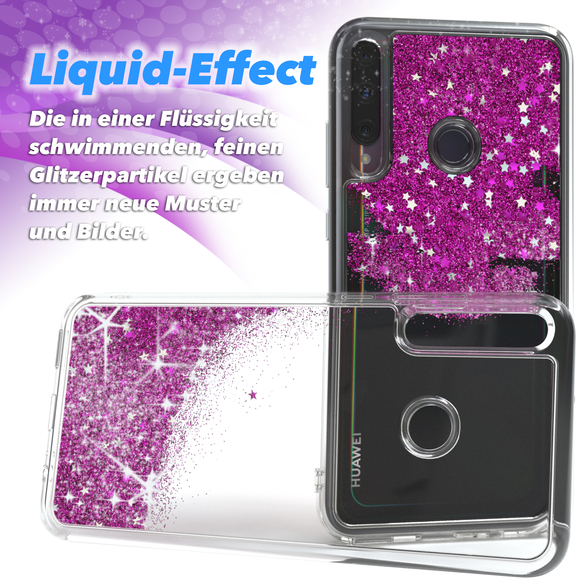 Handyhülle mit Flüssigkeits-Glitzereffekt. Die Hülle ist klar mit lila Glitzer und Sternen.