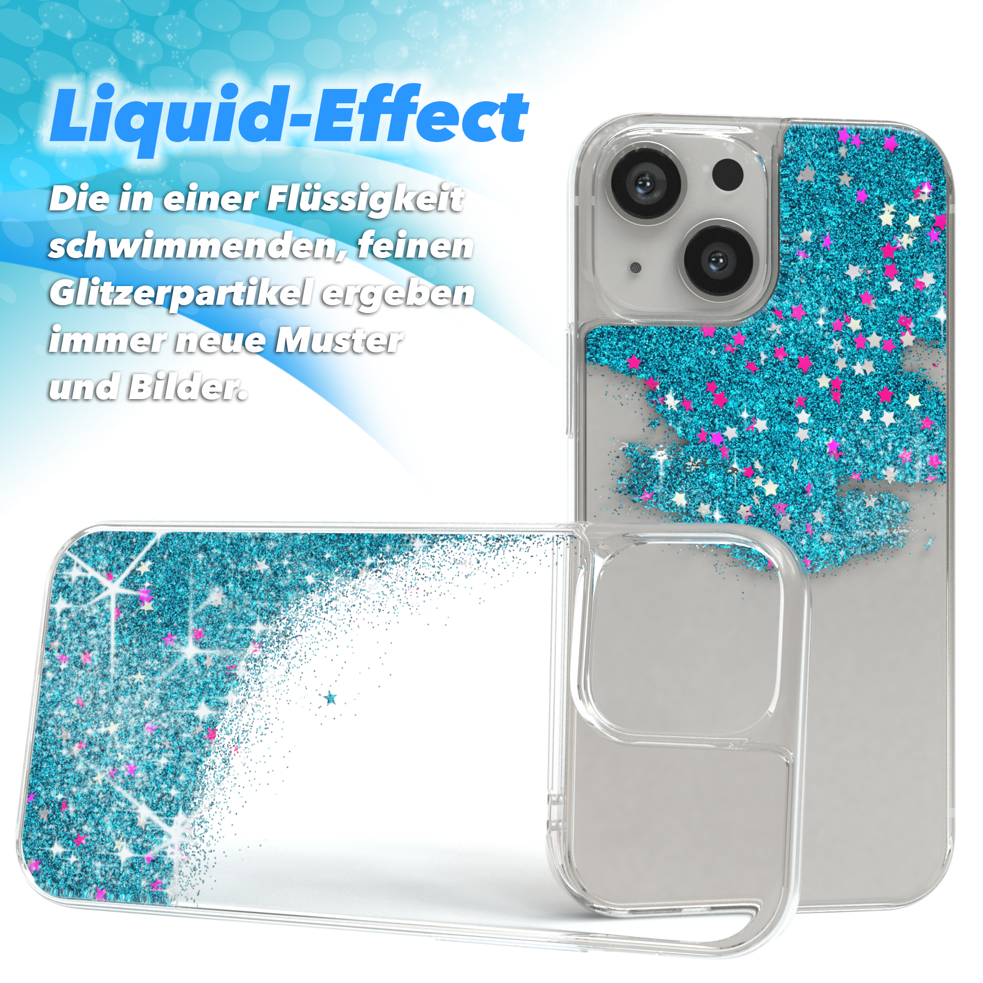 Zwei transparente Handyhüllen mit blauem Glitzer und rosa Sternen. Sie haben einen Flüssigkeitseffekt. Der Hintergrund ist weiß.