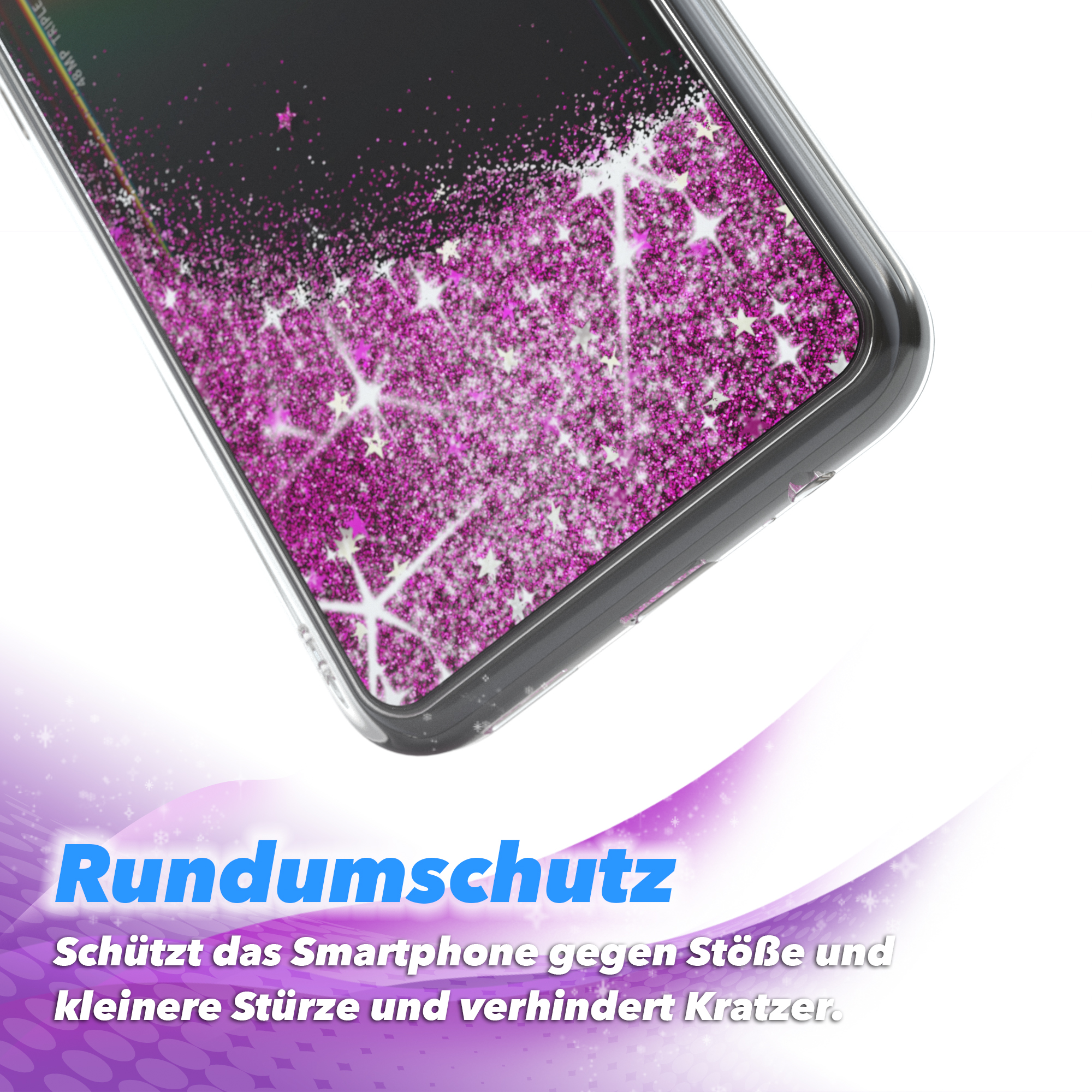 Handyhülle mit rosa Glitzer. Text: Rundumschutz, schützt vor Stößen und Kratzern.