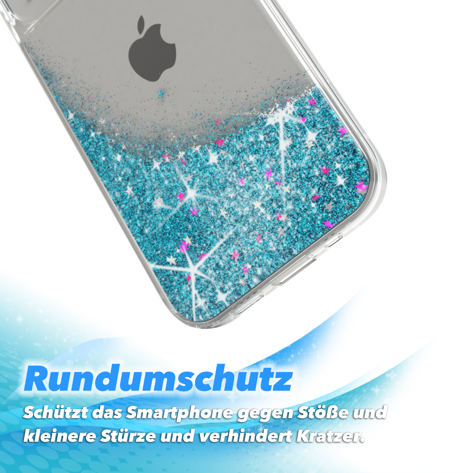 Transparente Handyhülle mit blauem Glitzer. Text: Rundumschutz, schützt vor Stößen und Kratzern.
