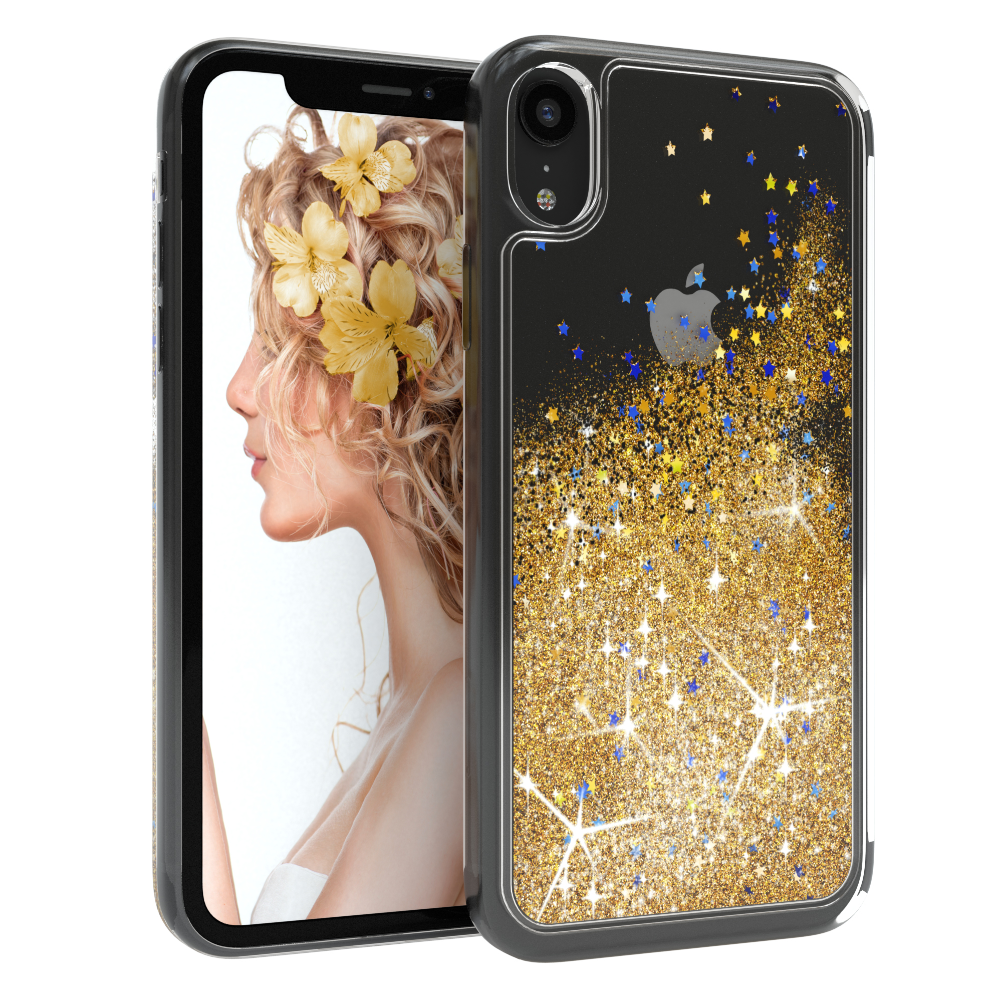 Telefon mit Frauenbild, gelben Blumen und Glitzerhülle. Schwarzes Kameramodul mit Text.