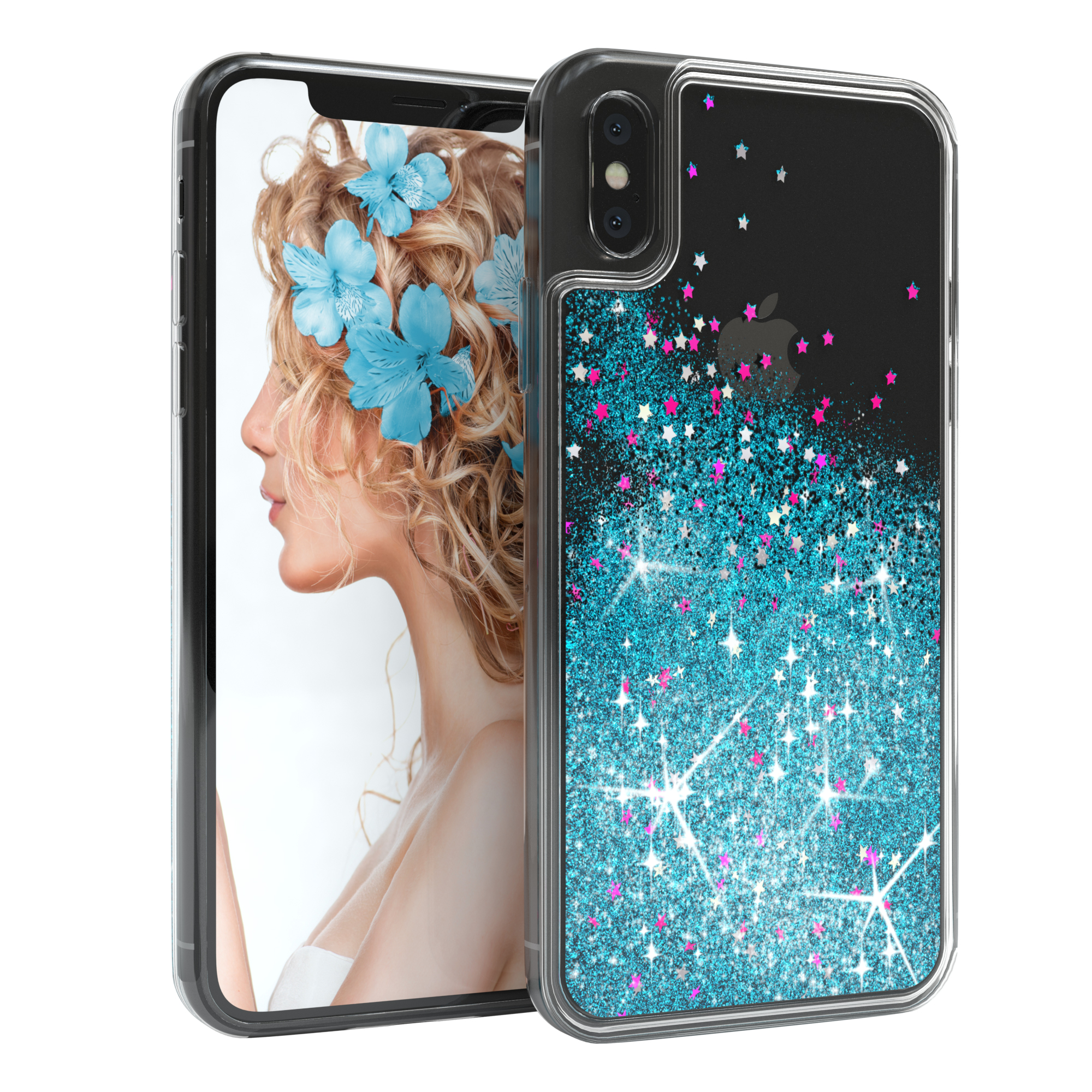 Handyhülle mit Frauenbild, Blumen und Glitzer. Glitzer ist blau und rosa. Schwarzer Glitzereffekt.