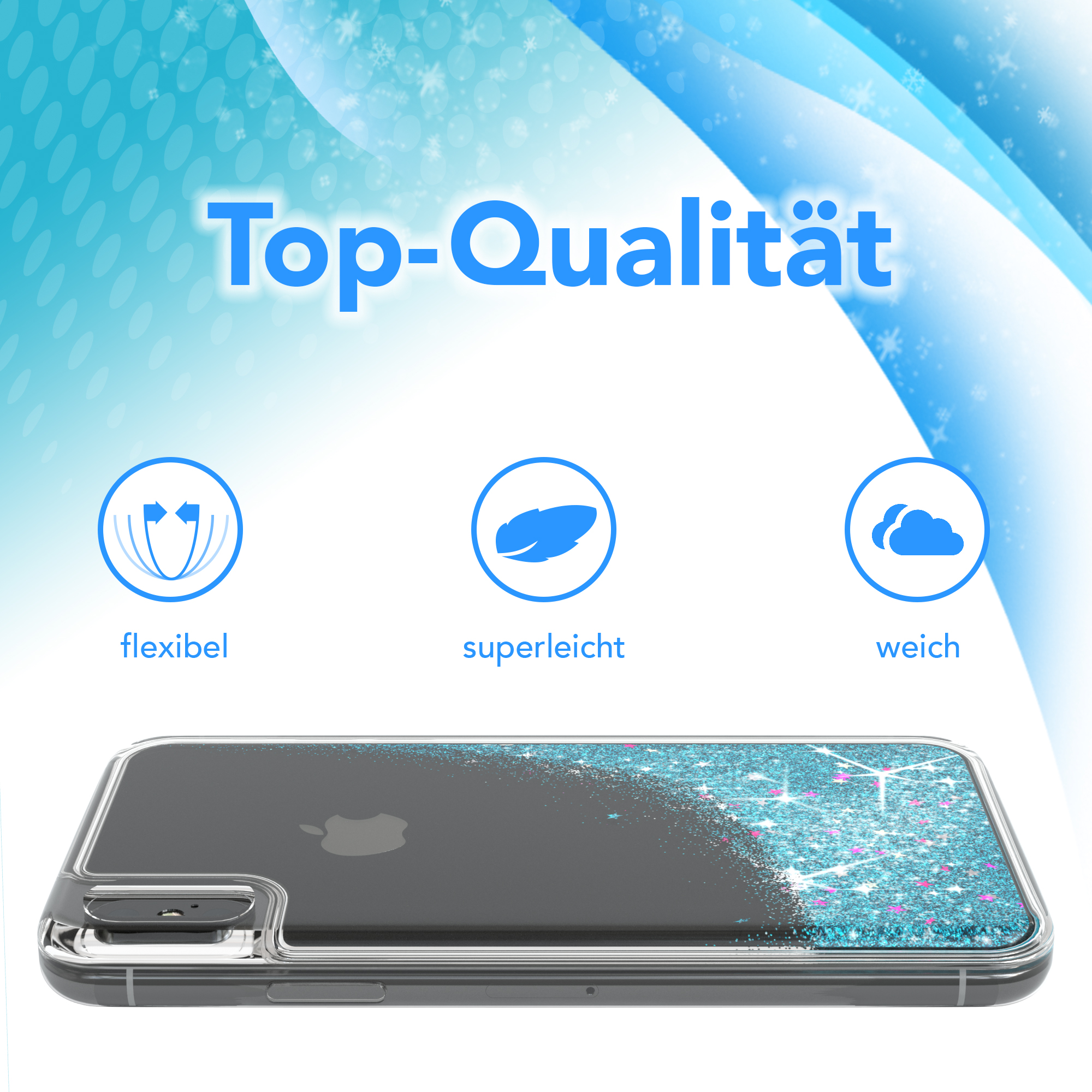 Eine Handyhülle mit blauem Glitzer. Text lautet 'Top-Qualität' und Symbole für flexibel, superleicht und weich.