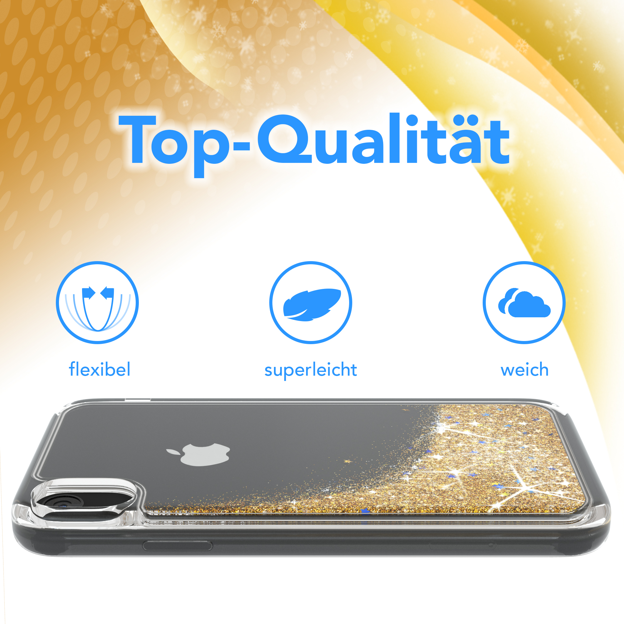 Transparente Handyhülle mit Goldglitter, Text 'Top-Qualität' und Icons für Flexibilität, Leichtigkeit und Weichheit.