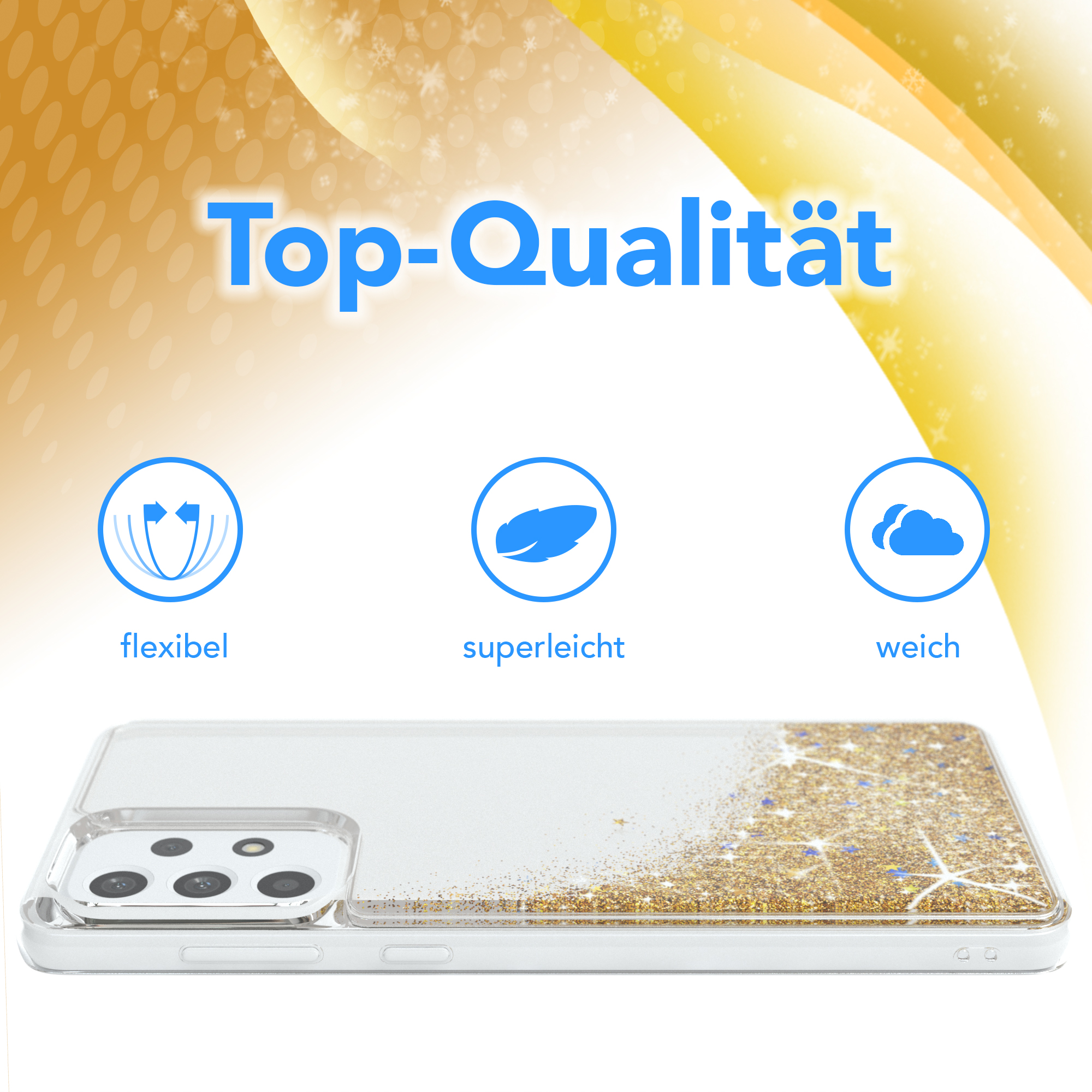 Weiße Handyhülle mit Goldglitzer, Text 'Top-Qualität' und Icons für Flexibilität, Leichtigkeit und Weichheit.