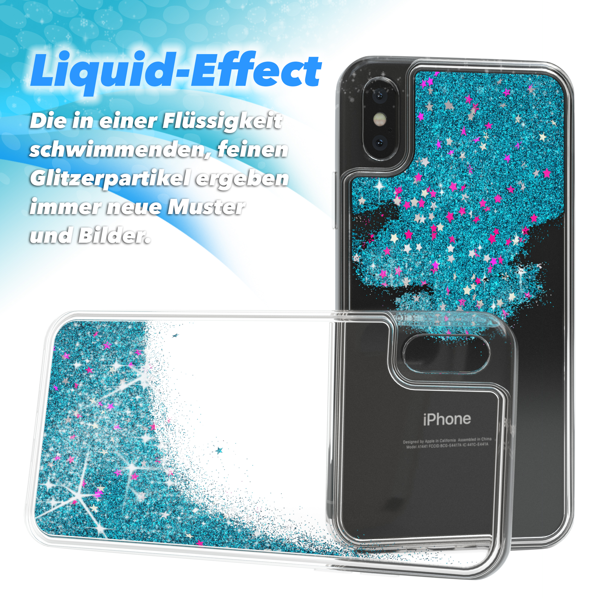 Transparente Handyhülle mit blauem Glitzer. iPhone im Hintergrund. Text: Liquid-Effect.