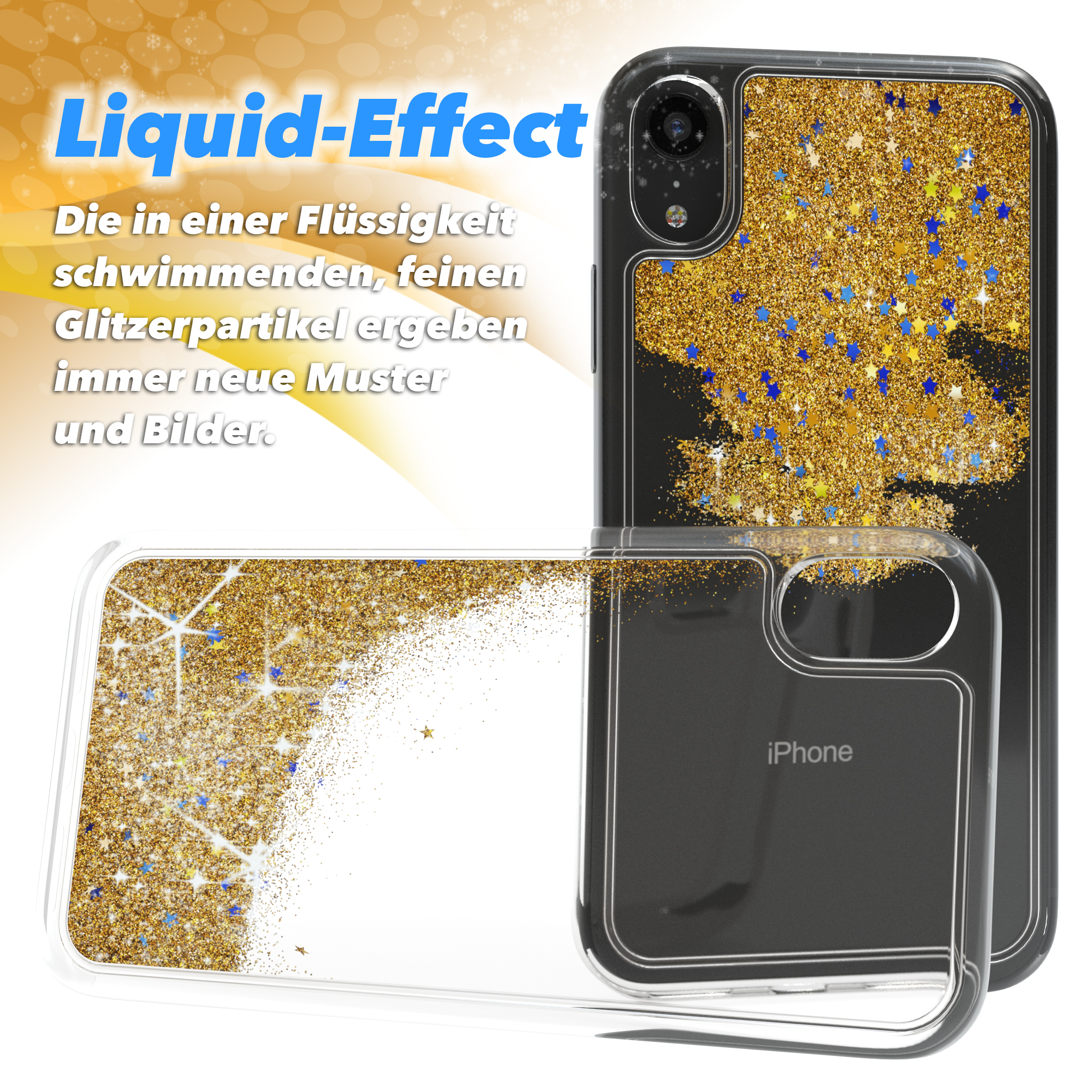 Eine Handyhülle mit Flüssigkeitseffekt. Die Hülle ist transparent und zeigt goldfarbenen Glitzer und Sterne.