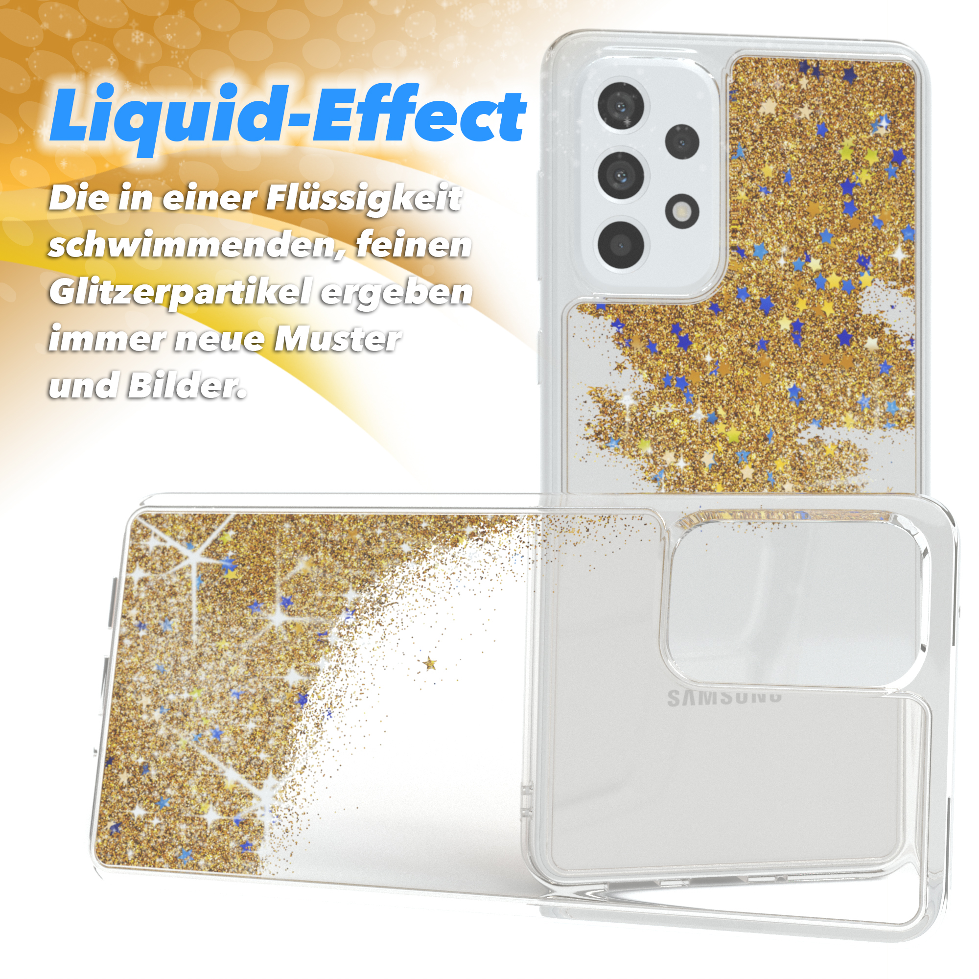 Zwei Telefone in Hüllen mit goldenem Glitzer. Der Text besagt, dass die Glitzerpartikel neue Muster in der Flüssigkeit erzeugen.