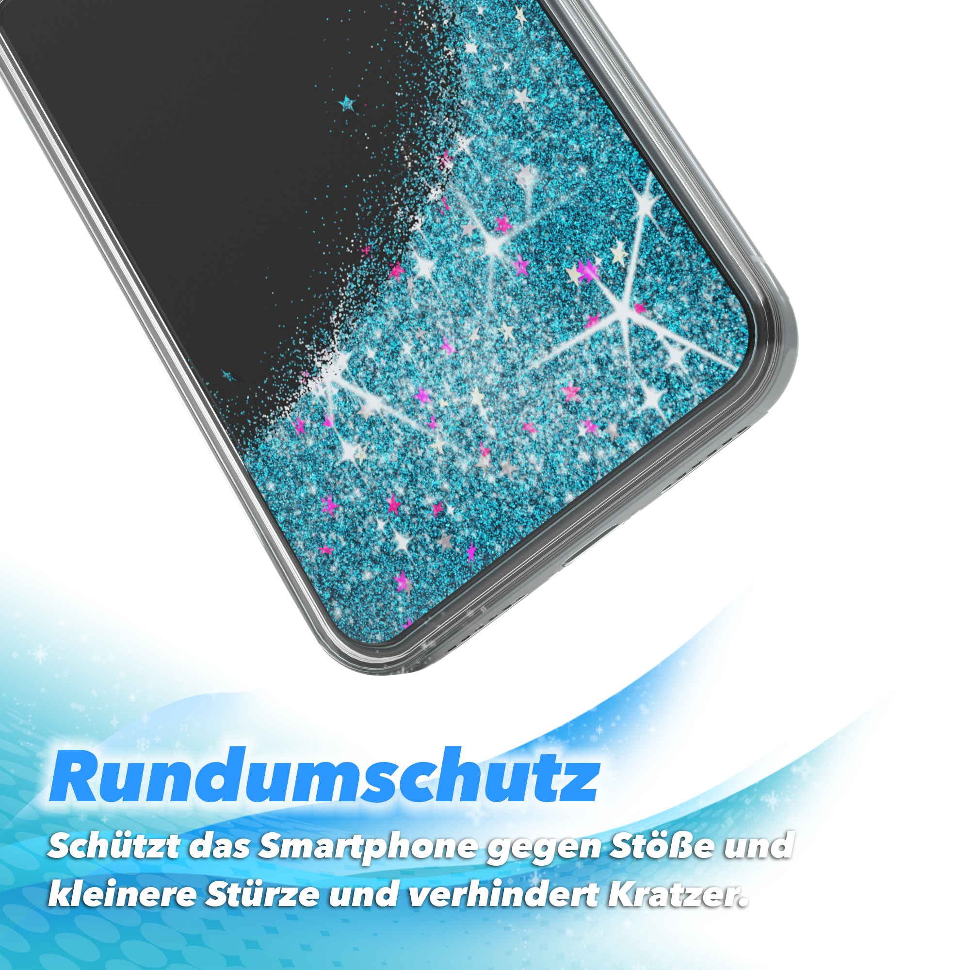 Handyhülle mit glitzerndem Design. Die Hülle ist transparent mit blauem Glitzer und rosa Sternen.