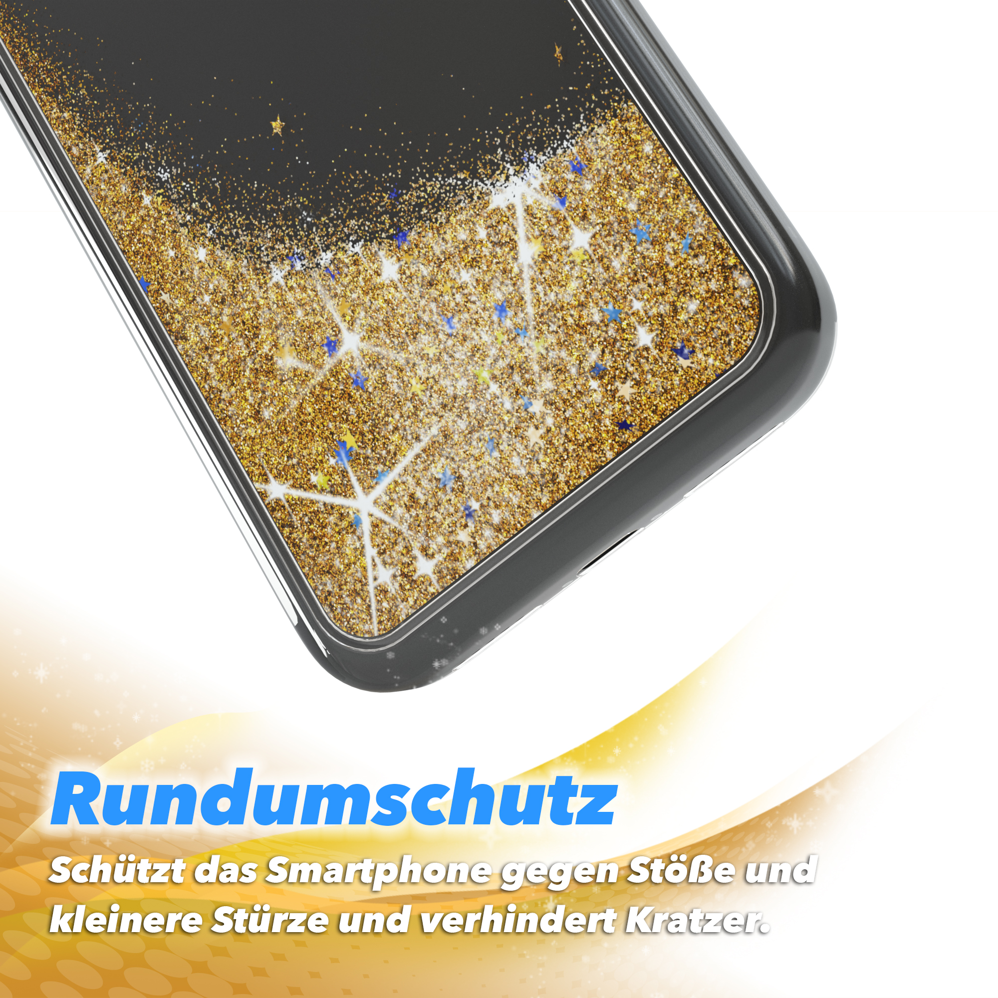 Nahaufnahme einer Handyhülle mit goldenem Glitzer und Sternen, mit Text über Schutz.
