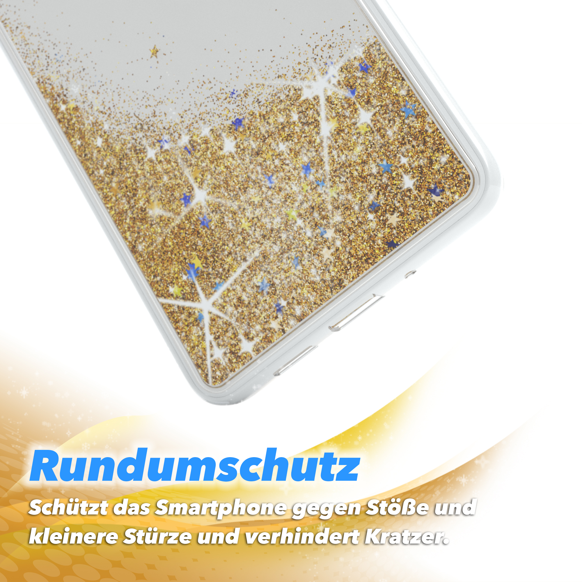 Transparente Handyhülle mit goldenem Glitzer. Schutzhülle für Mobiltelefone.