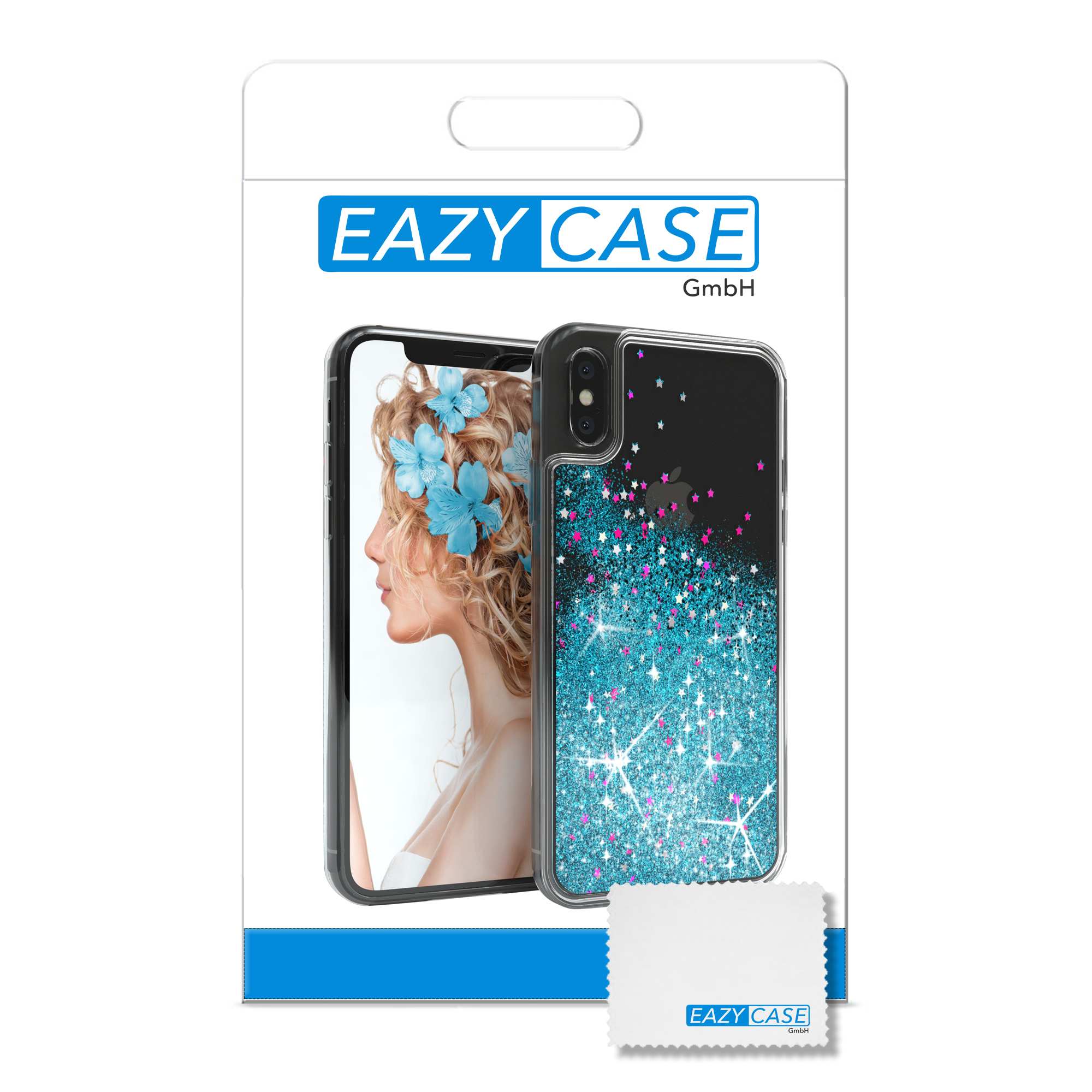 Telefonhüllenverpackung. Die Hülle zeigt das Profil einer Frau mit blauen Blumen.