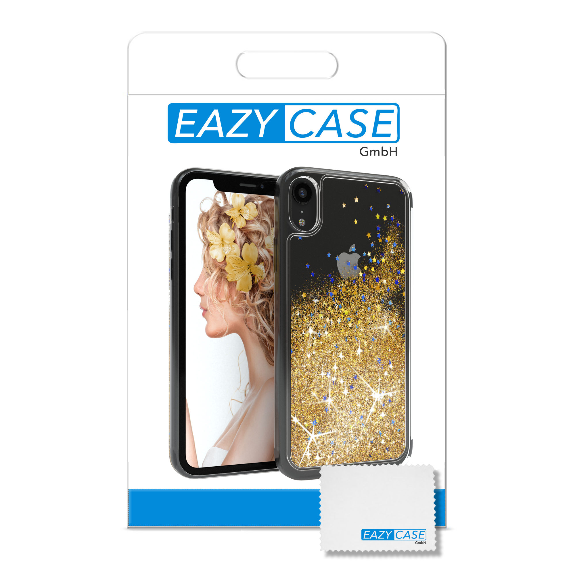 Eine Handyhülle in Verpackung. Sie zeigt eine Frau mit Blumen und eine Handyhülle mit Glitzer.
