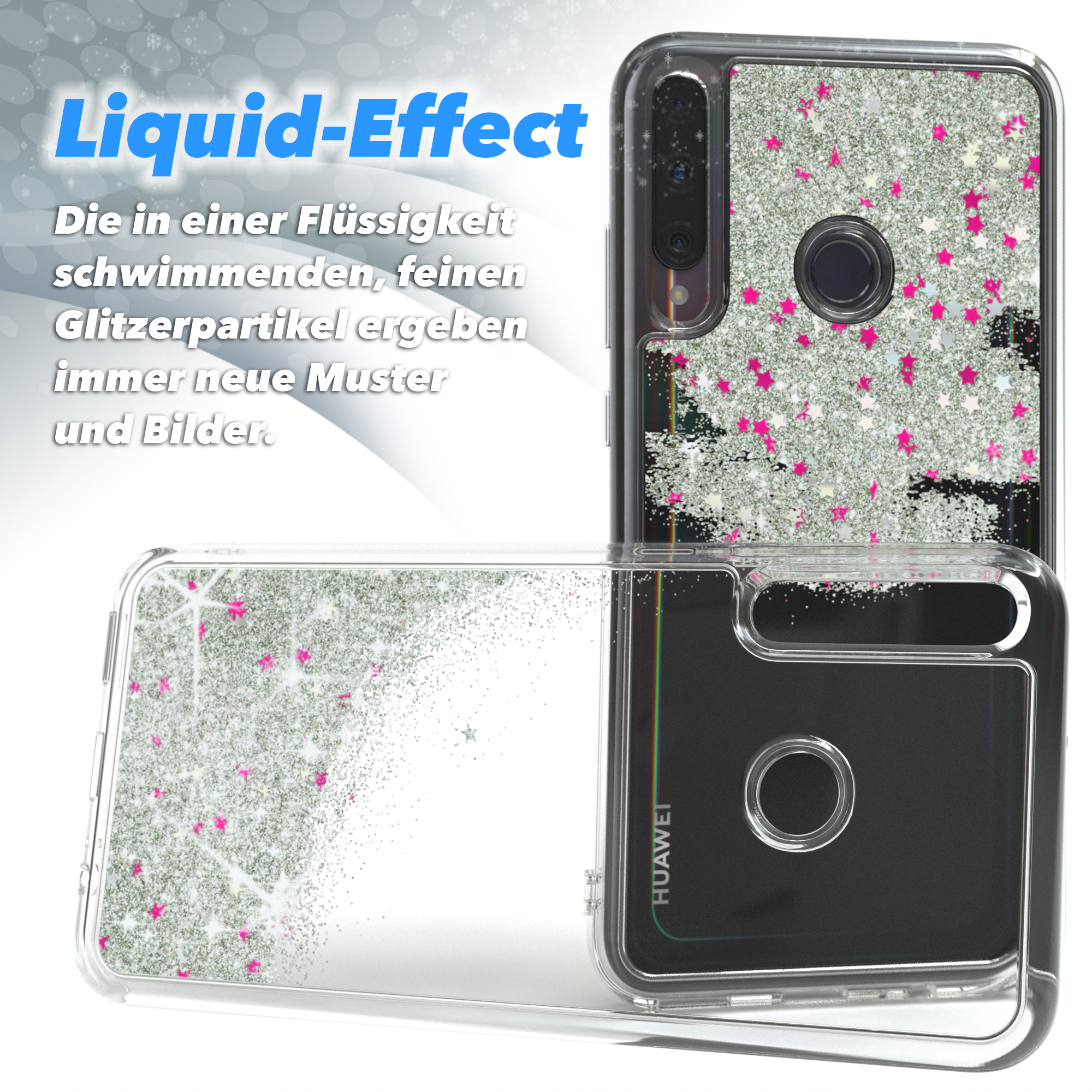 Zwei Handyhüllen mit blauem Glitzer und Sternen. Eine Hülle ist geöffnet, zeigt das Telefoninnere.