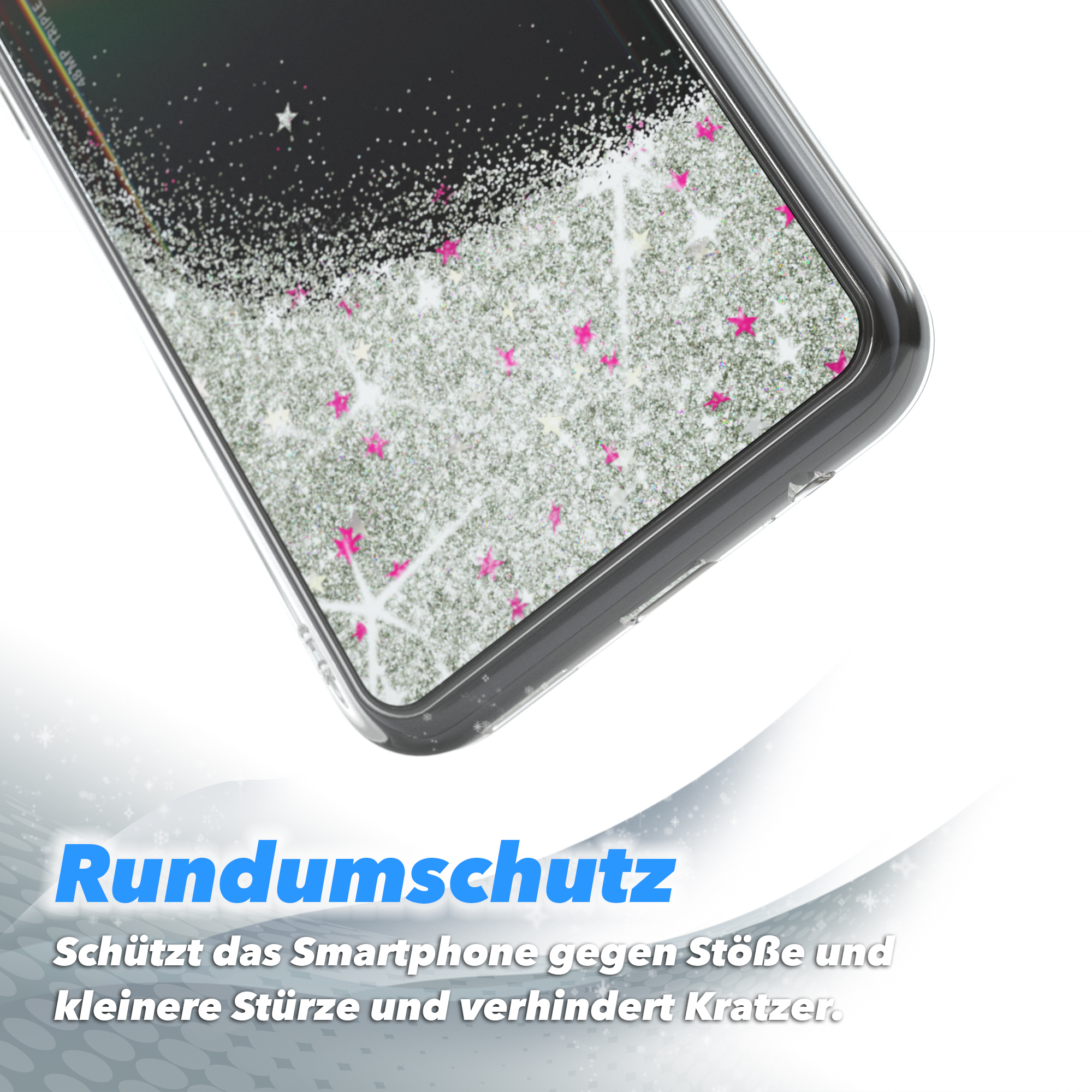 Nahaufnahme einer Handyhülle mit silbernem Glitzer und rosa Sternen.