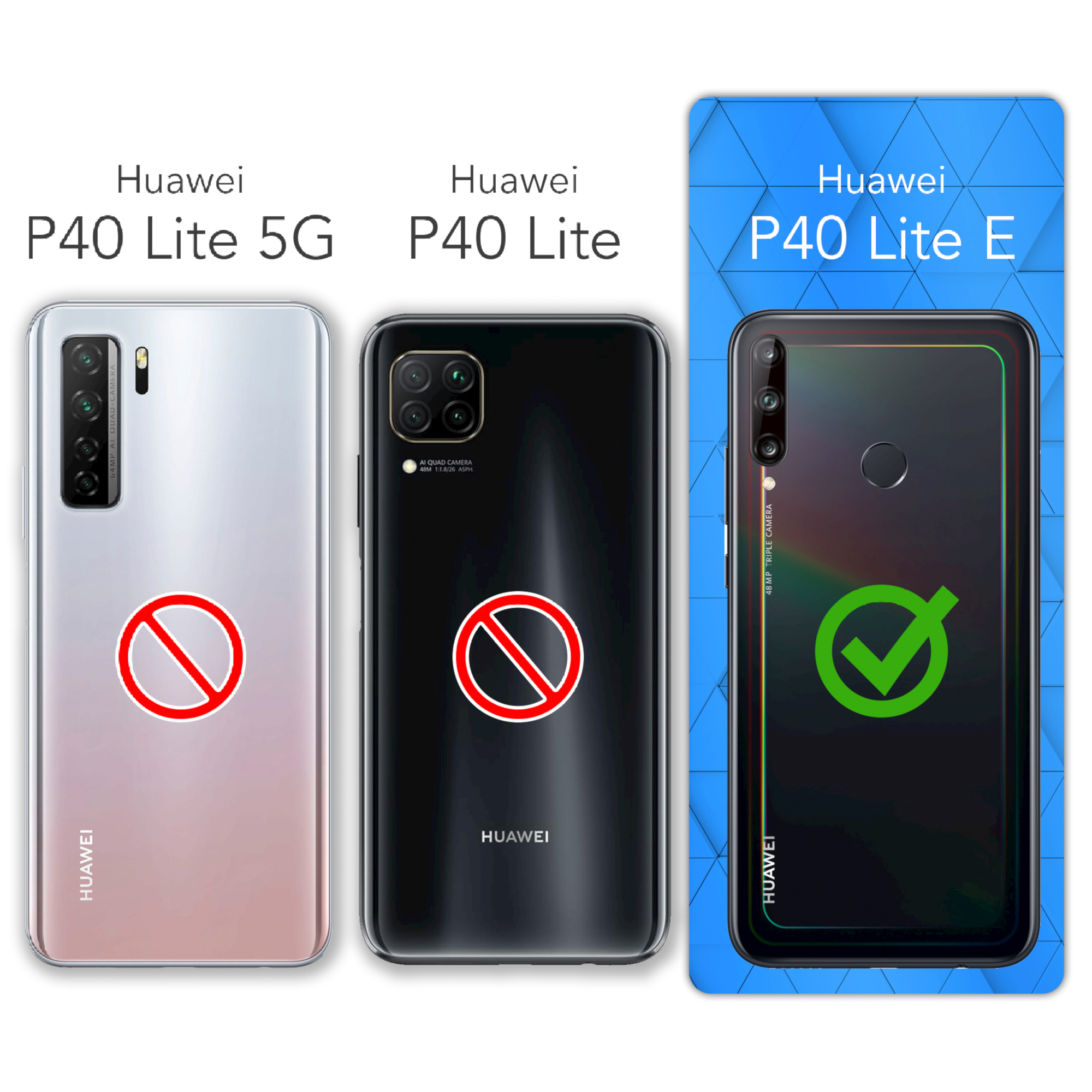 Drei Huawei-Telefone. Das P40 Lite E hat ein grünes Häkchen, andere Modelle ein rotes Verbotsschild.