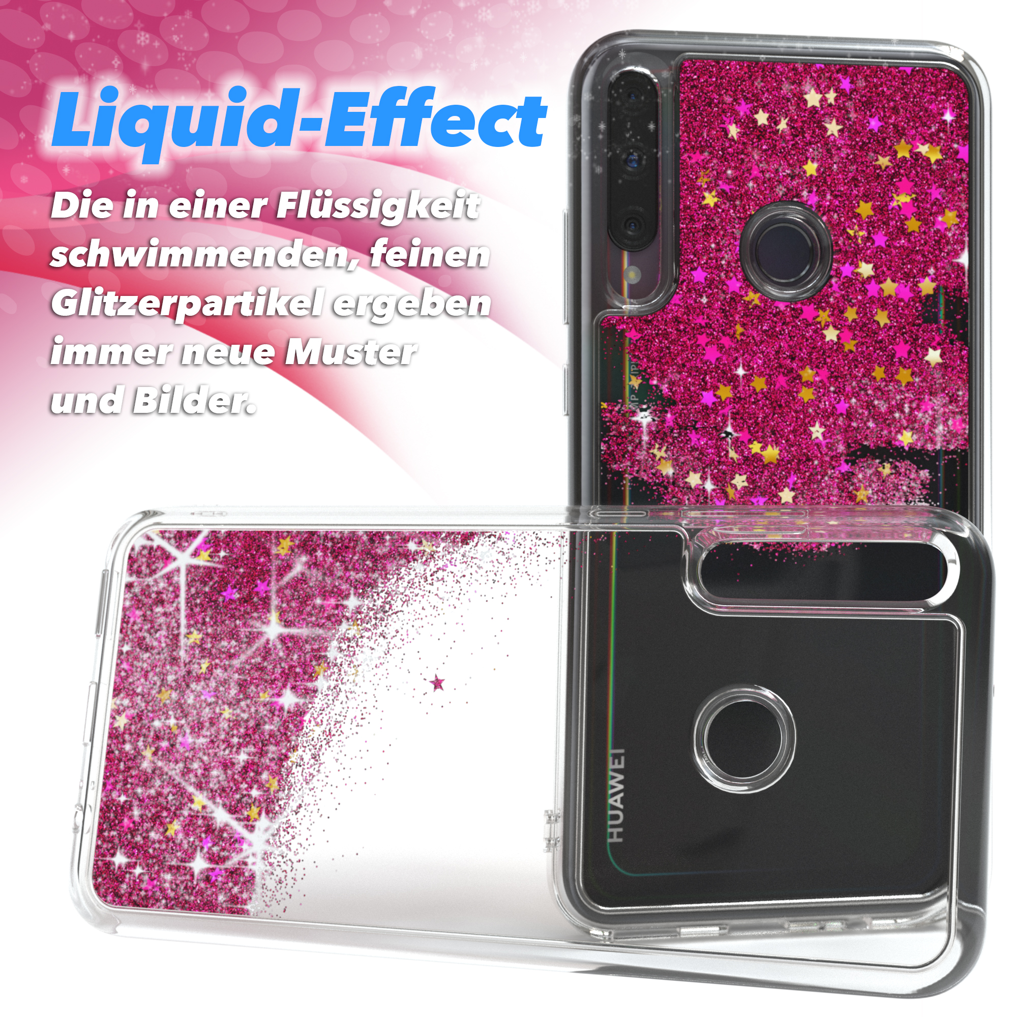Zwei Handyhüllen mit rosa Glitzer und Sternen sowie eine Nahaufnahme des Glitzers.