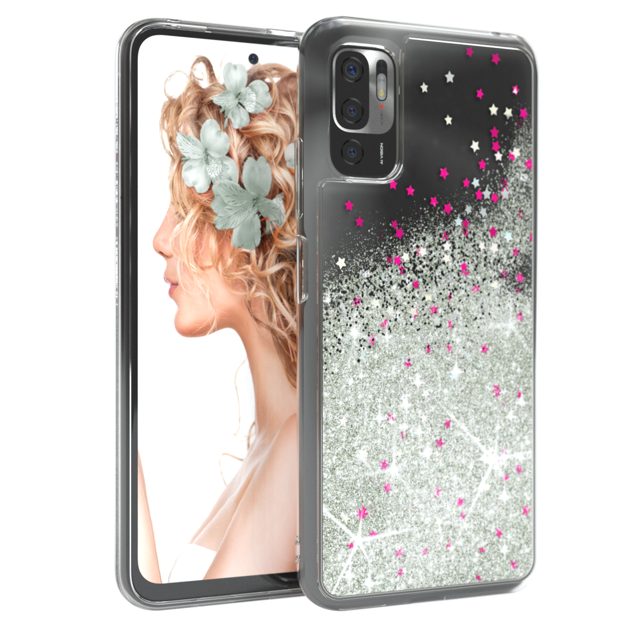 EAZY CASE Glitzerhülle Flüssig, Xiaomi, Redmi Note 5G, Silber Backcover, 10