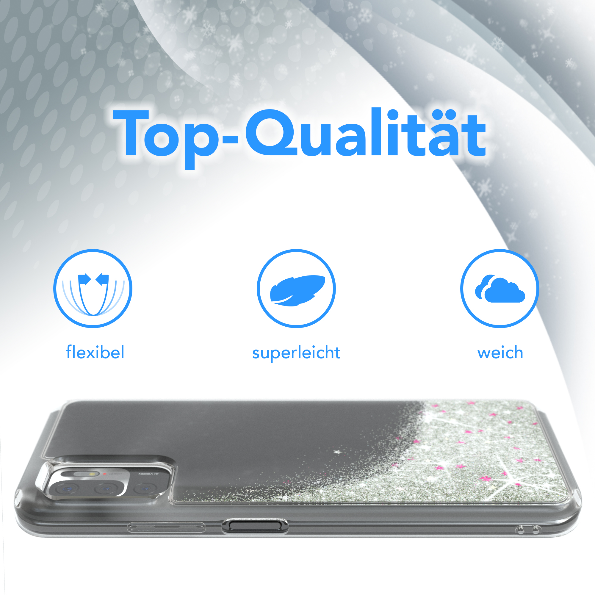 Telefon in Hülle mit Glitzer. Die Hülle ist transparent mit Glitzer und rosa Sternen. Drei Symbole sind gezeigt.