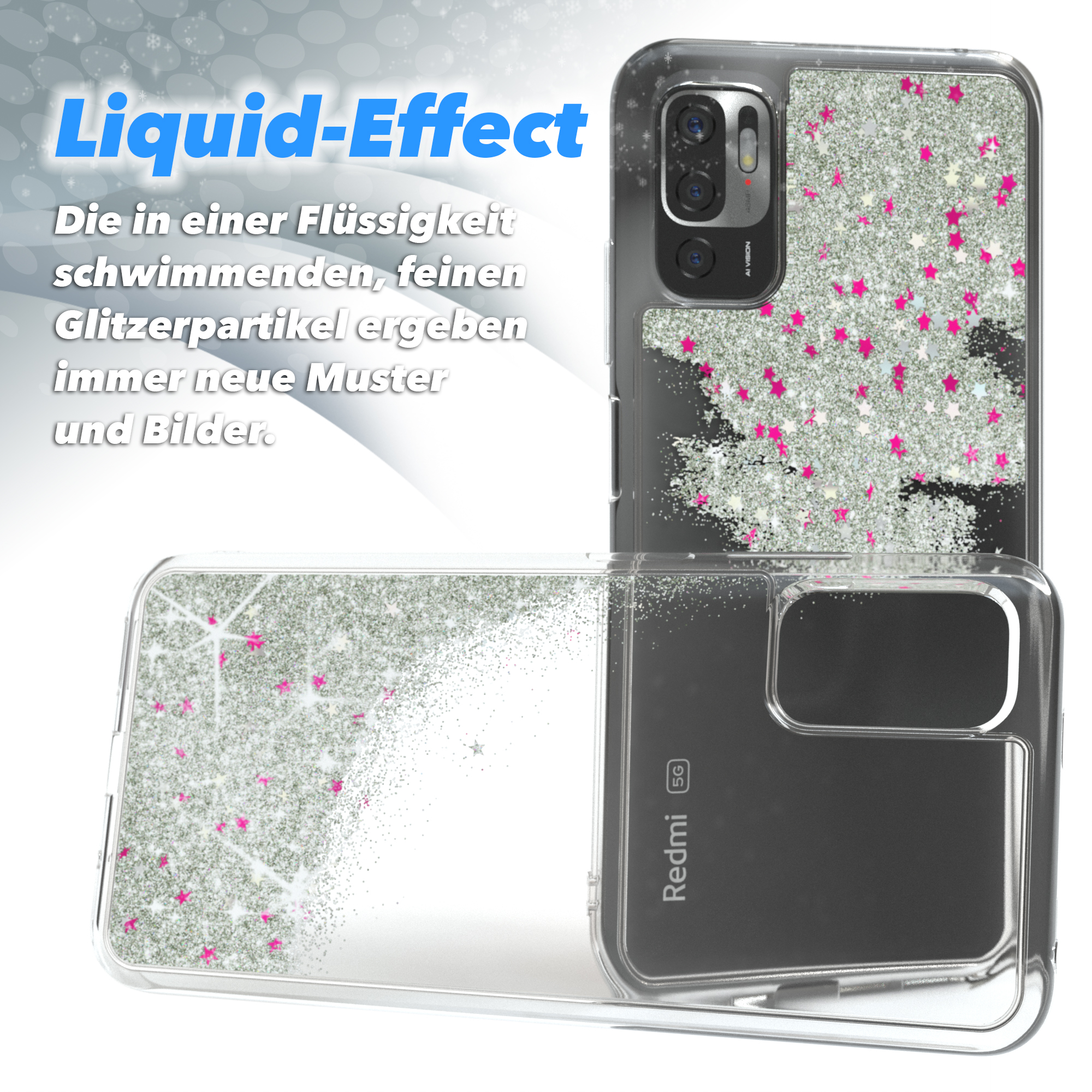 Transparente Handyhülle mit silbernem Glitzer und pinken Sternen auf weißem Hintergrund. Eine weitere Hülle ist vorne.