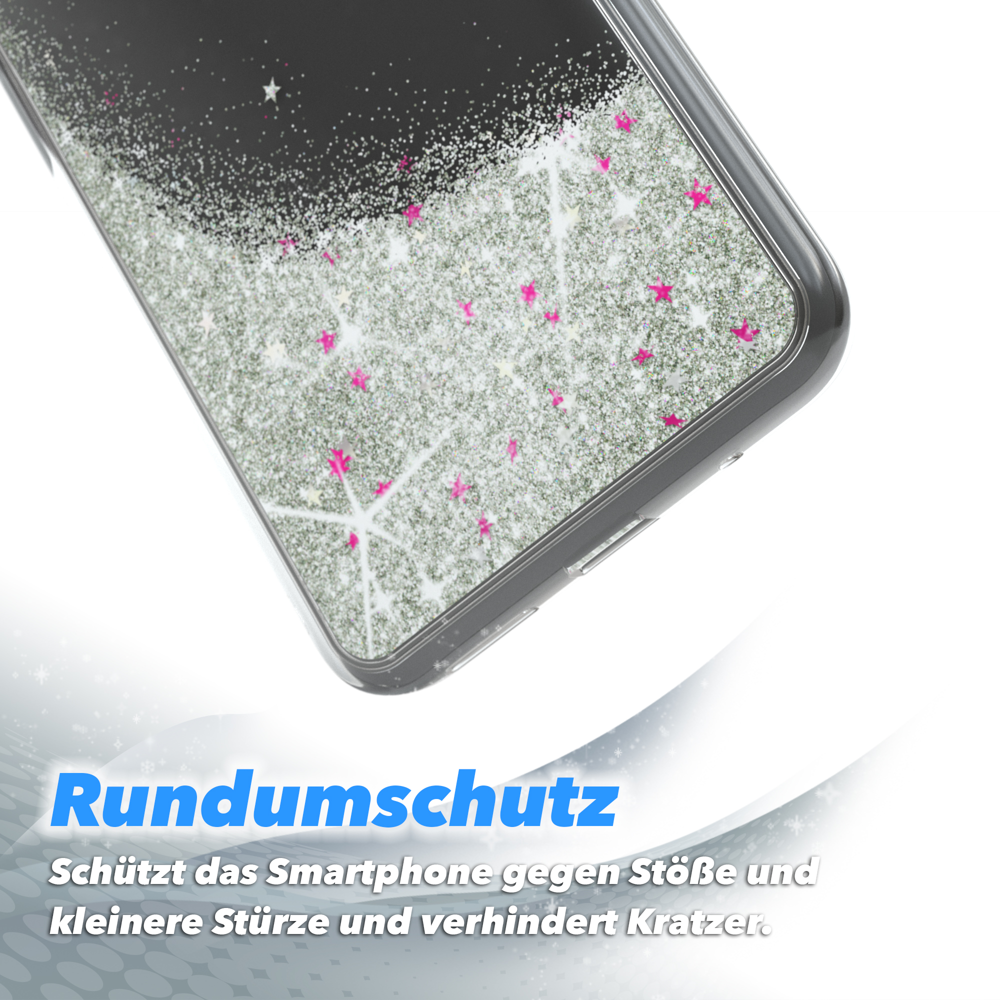 Nahaufnahme einer Handyhülle mit Glitzer. Text: Rundumschutz, schützt vor Stößen und Kratzern.
