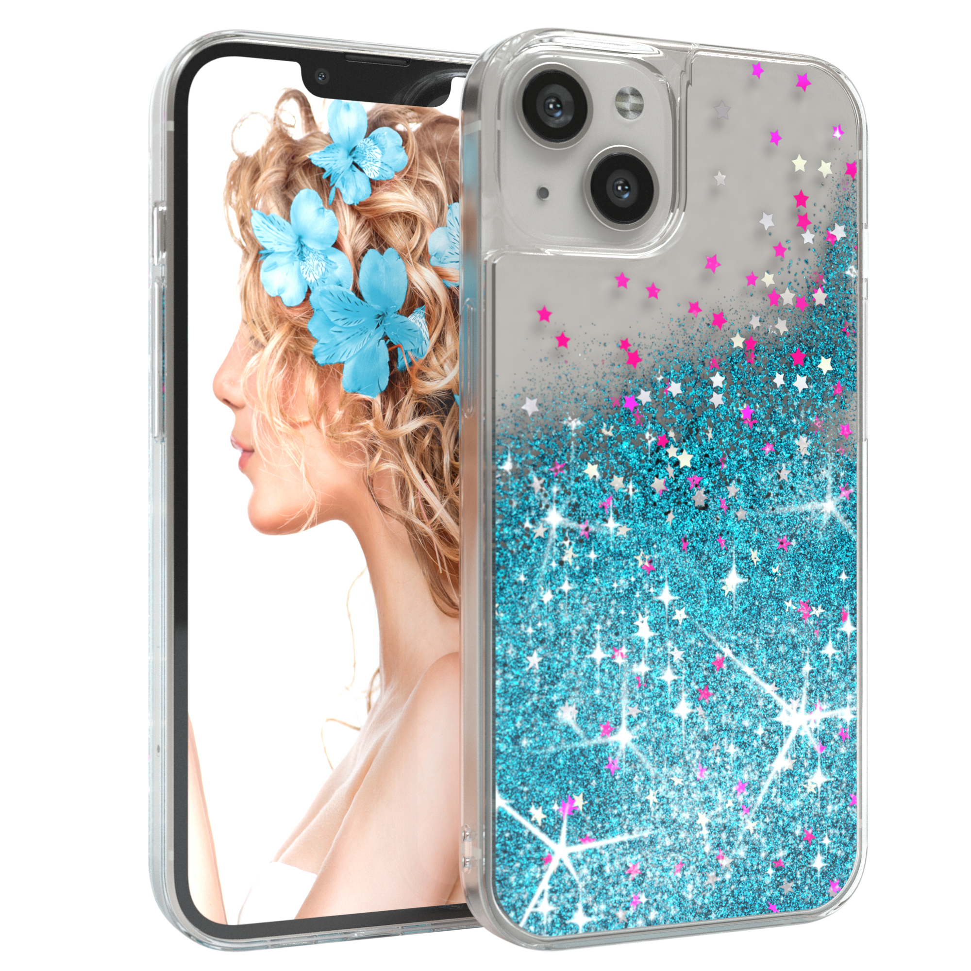 Handyhülle mit blauem Glitzer und Sternen; Frau mit blauen Blumen auf dem Bildschirm.