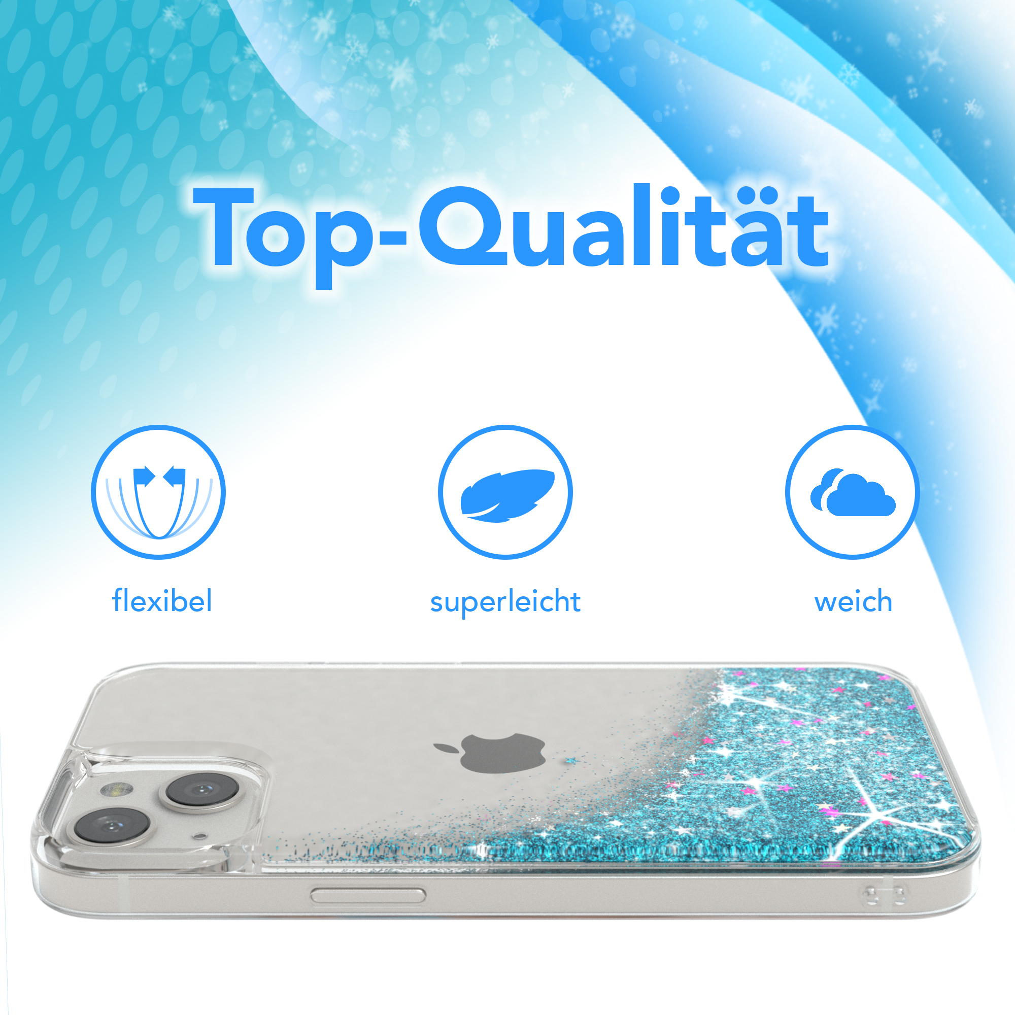 Eine Handyhülle mit blauem Glitzer und den Worten: Top-Qualität, flexibel, leicht und weich.