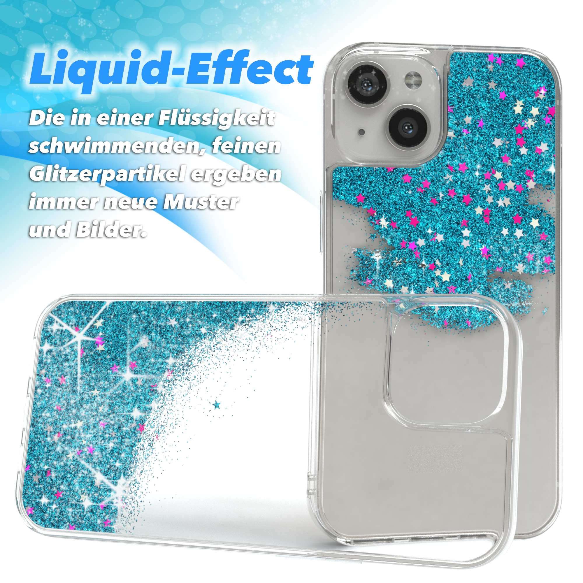 Transparente Handyhülle mit blauem Glitzer. Die Hülle wird einzeln und auf einem Telefon gezeigt. Flüssig-Effekt-Design.